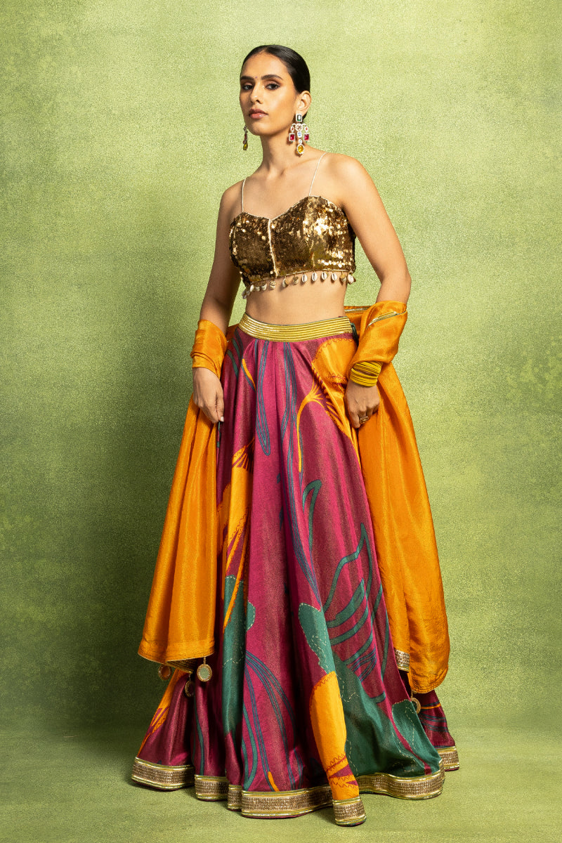 Purple Abstract Floral Printed Lehenga Set