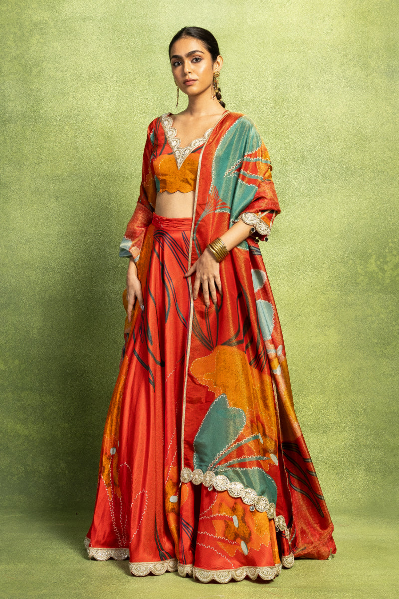 Red Floral Printed Hand Embroidered Lehenga Set