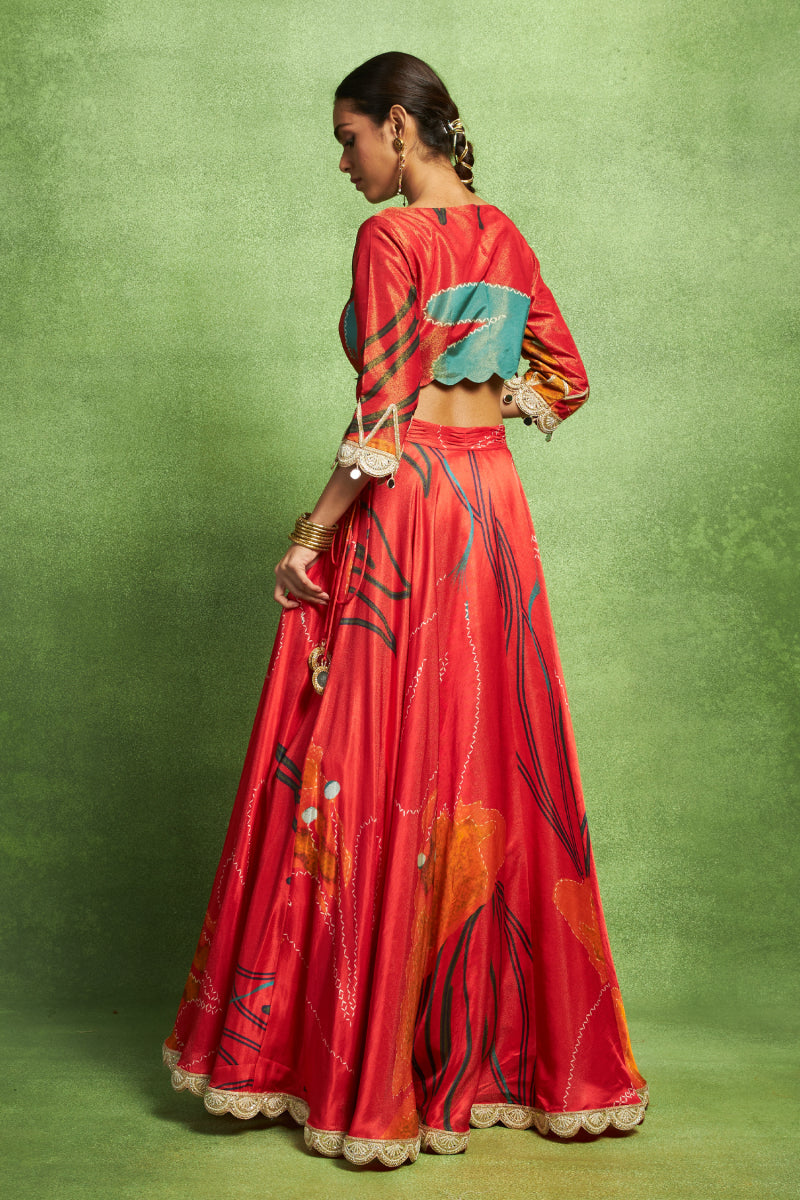 Red Floral Printed Hand Embroidered Lehenga Set