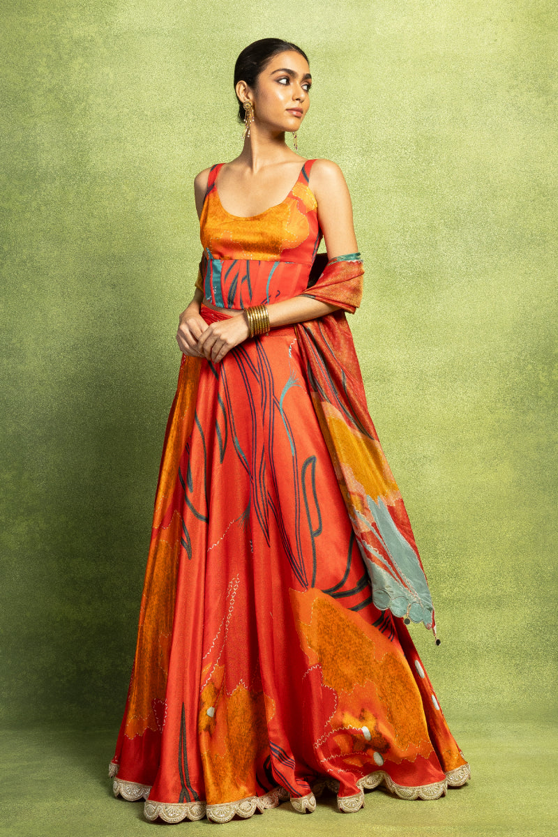 Red Floral Printed Lehenga Set