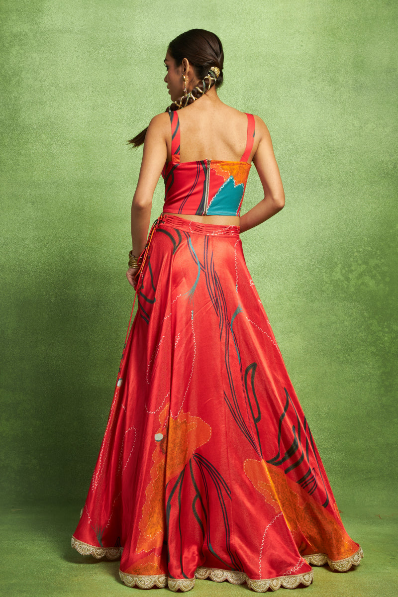 Red Floral Printed Lehenga Set