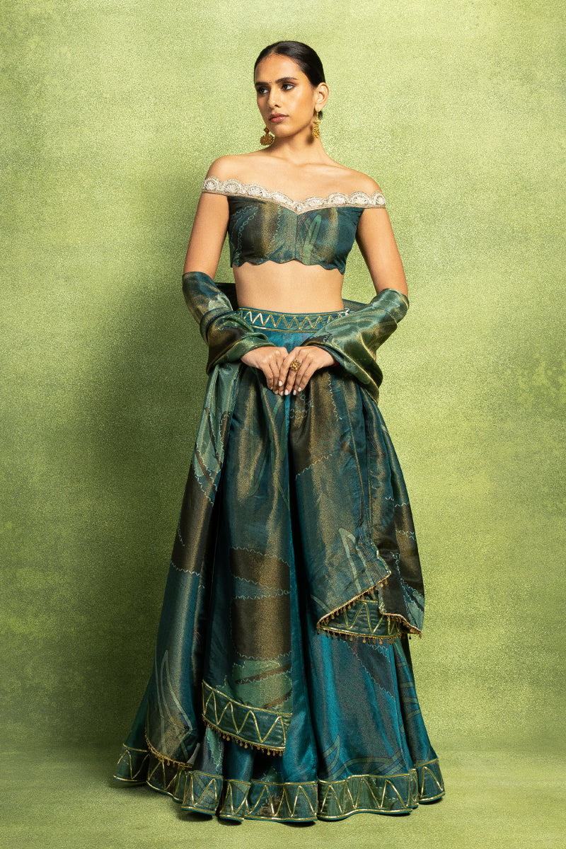Green Hand Embroidered Floral Print Lehenga Set