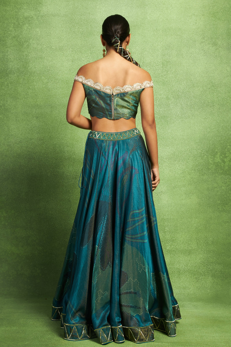 Green Hand Embroidered Floral Print Lehenga Set