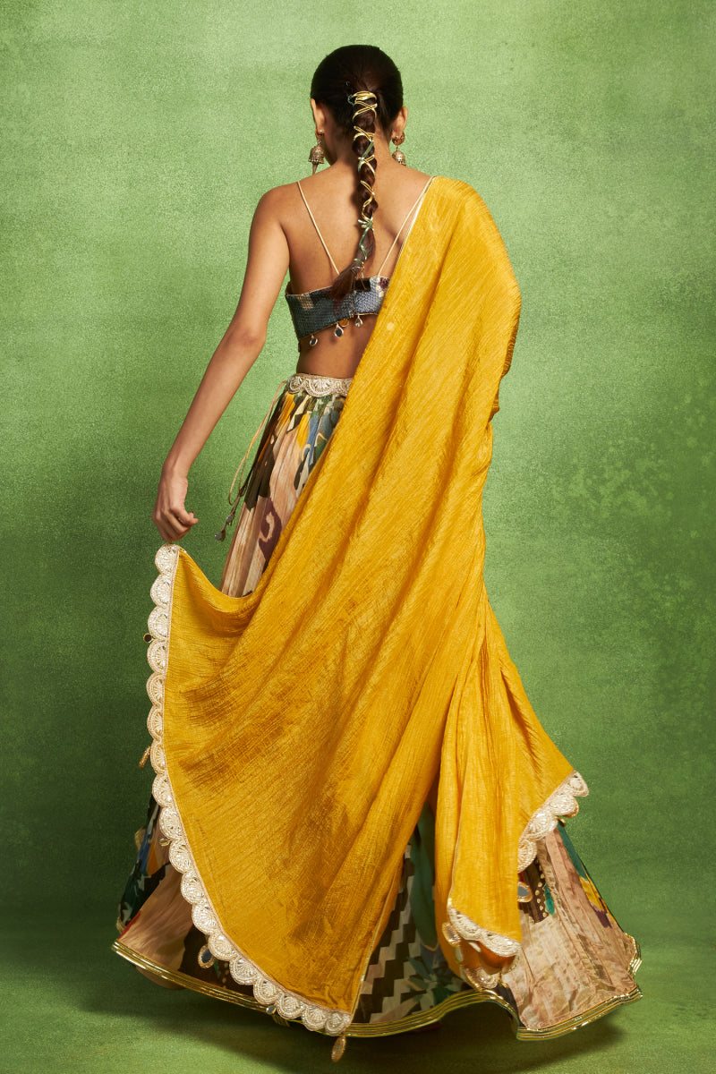 Abstract Print Hand Embroidered Gathered Lehenga