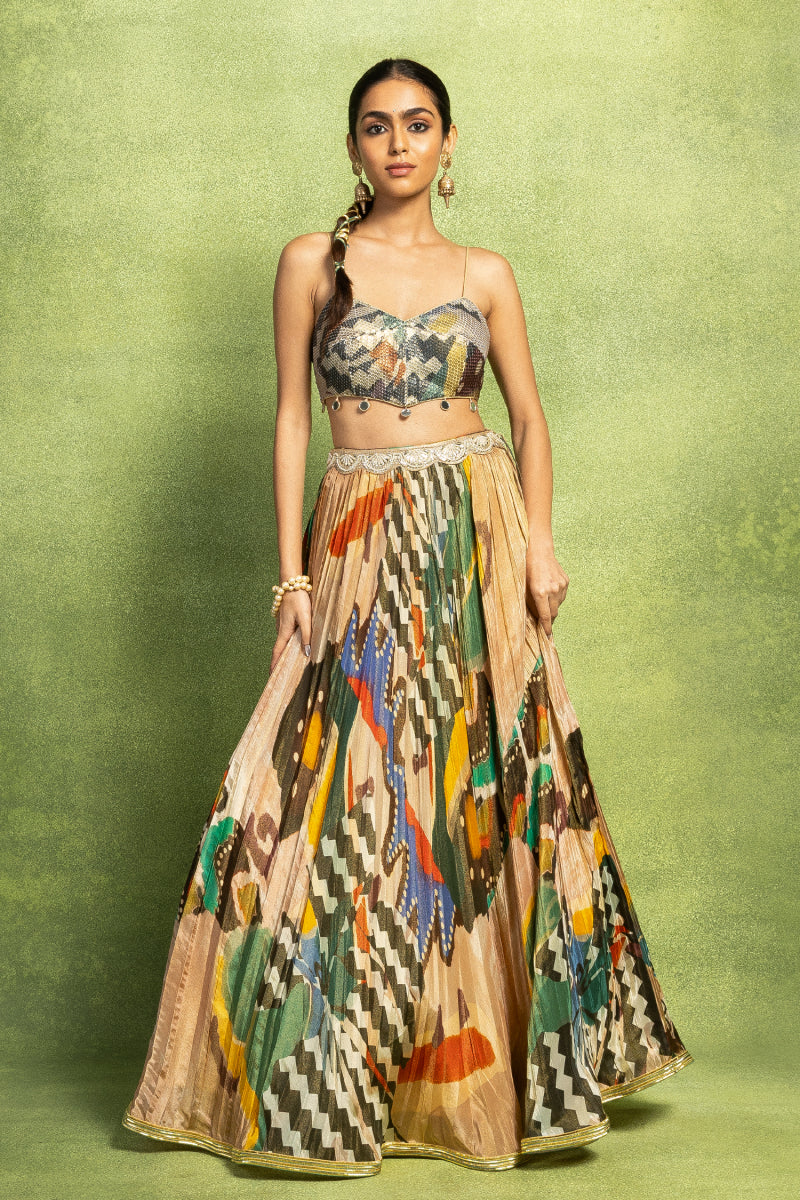 Abstract Print Hand Embroidered Gathered Lehenga