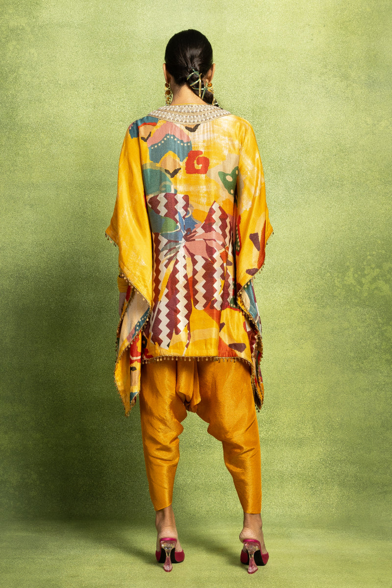 Yellow Hand Embroidered Kaftan Top & Dhoti Pant Set
