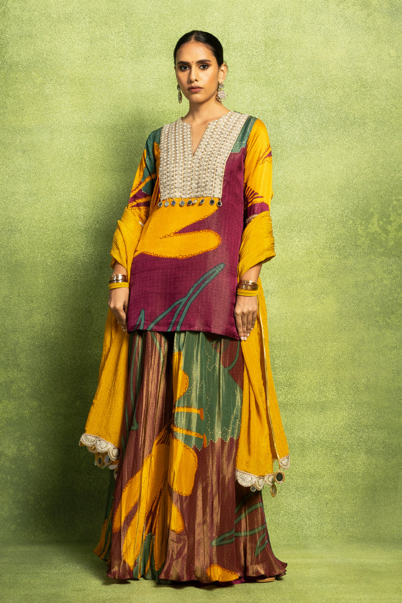 Purple Abstract Floral Print Short Kurta Set