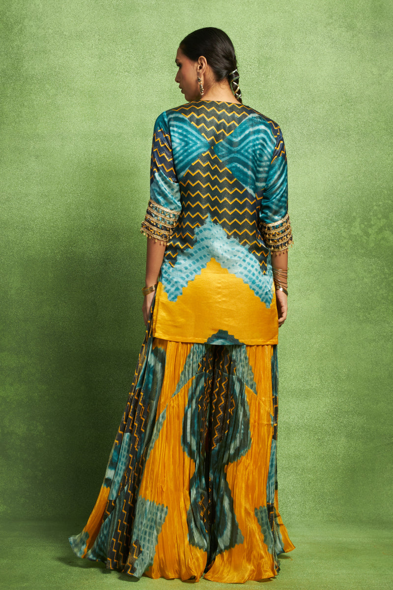 Abstract Floral Print Hand Embroidered Short Kurta Set