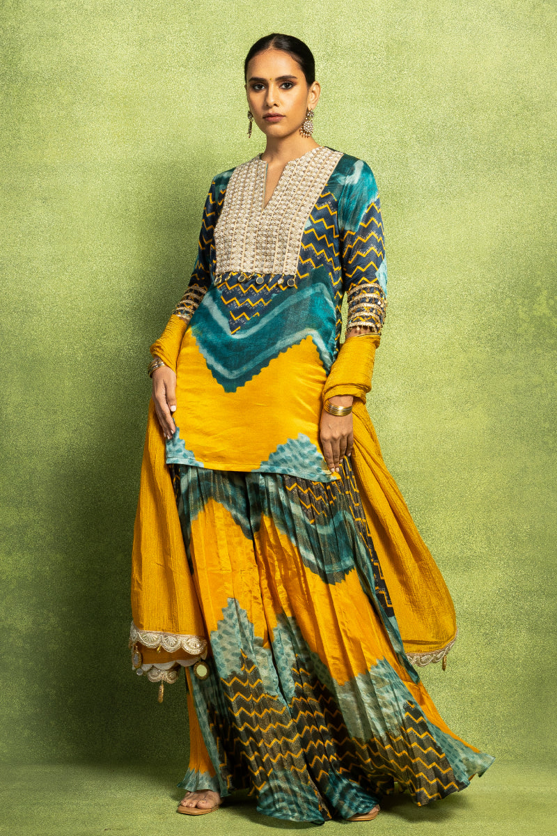 Abstract Floral Print Hand Embroidered Short Kurta Set