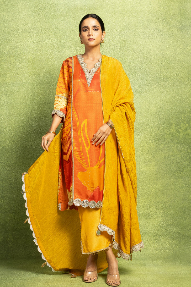 Orange Hand Embroidered Kurta Set