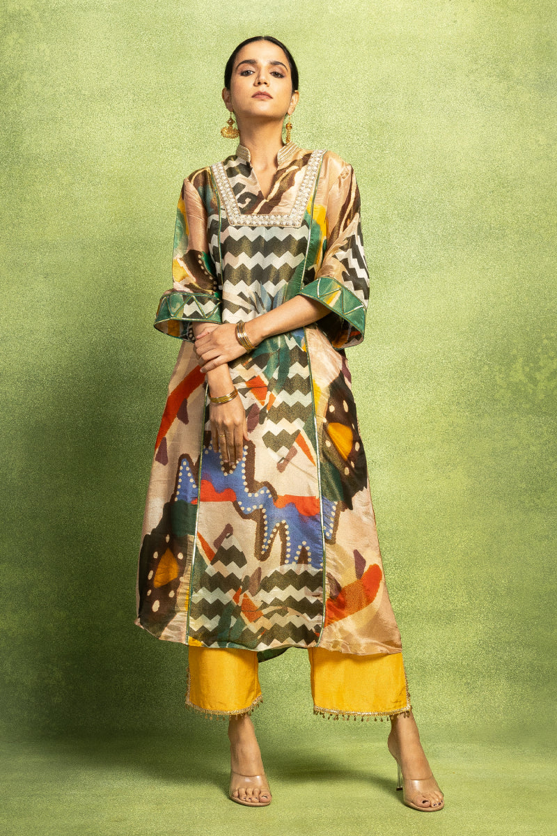 Abstract Print Hand Embroidered Kurta Set