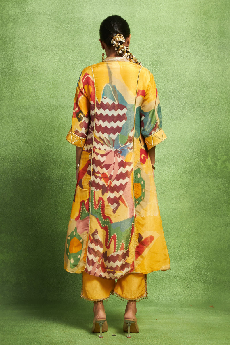 Yellow Abstract Print Hand Embroidered Kurta Set