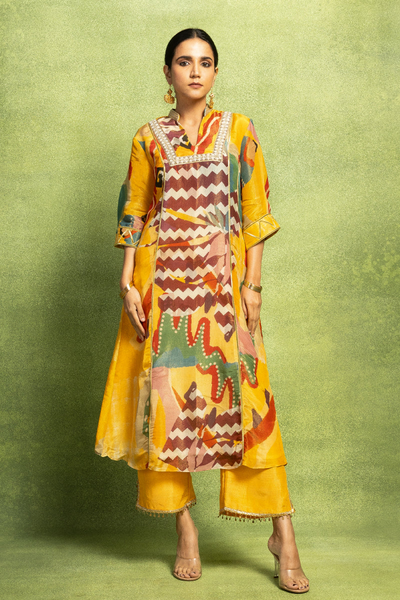 Yellow Abstract Print Hand Embroidered Kurta Set