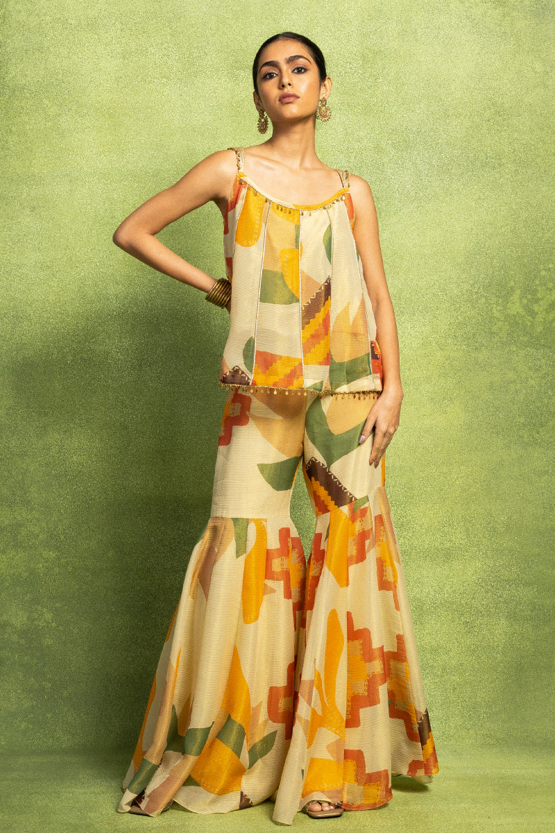 Abstract Floral Printed Paneled Top Set