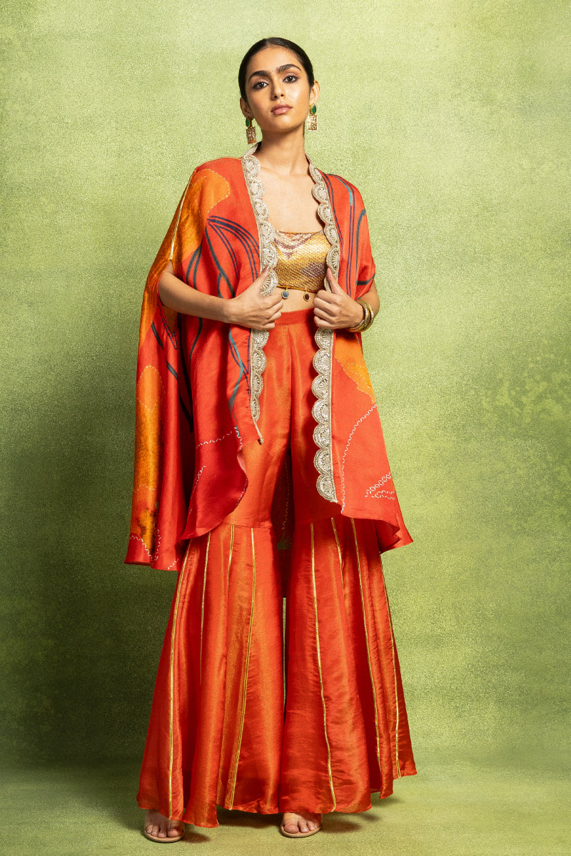 Asymmetric Jacket Set with Sharara Pants and Blouse