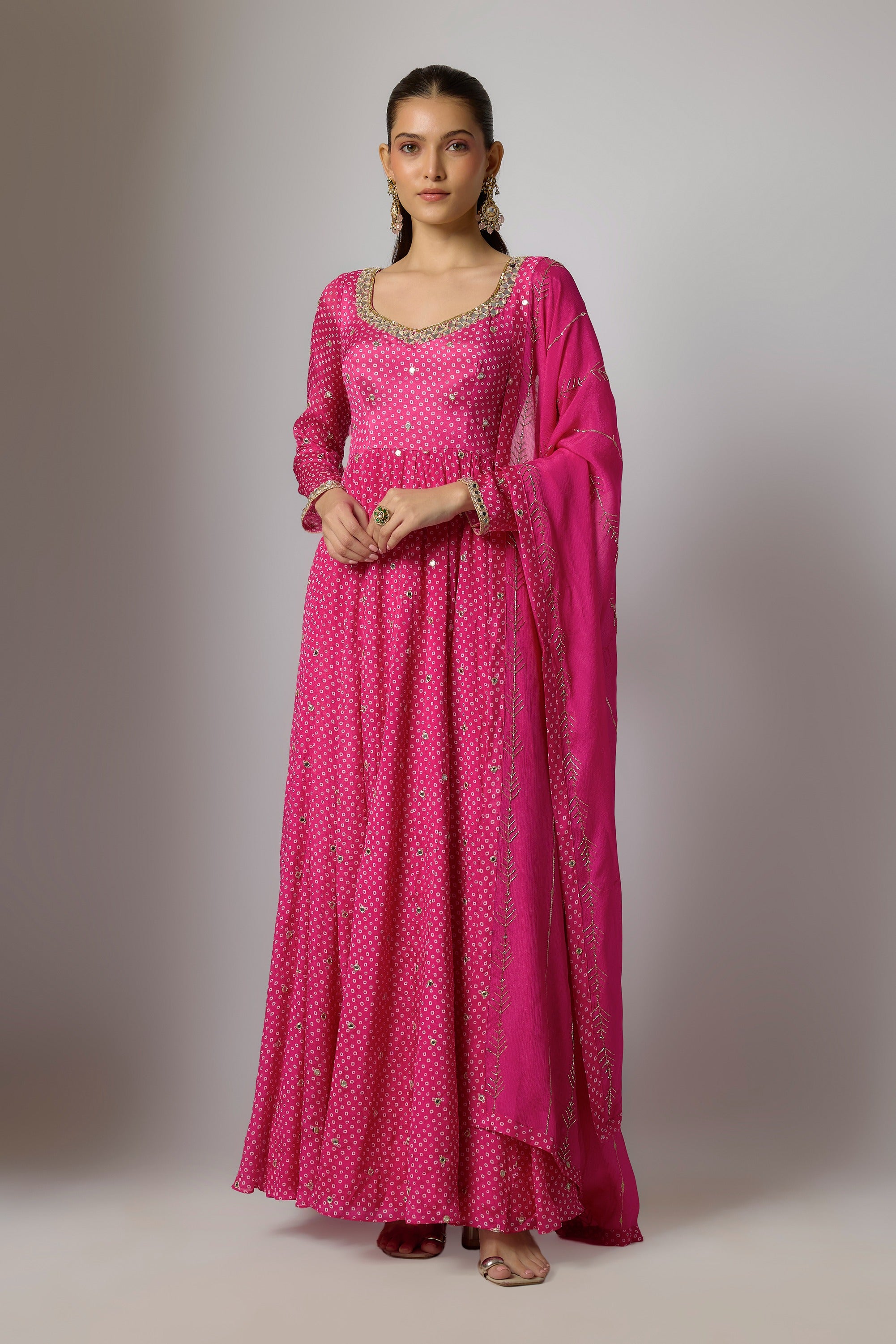 Fuchsia Pink Chinon Embroidered Anarkali Set