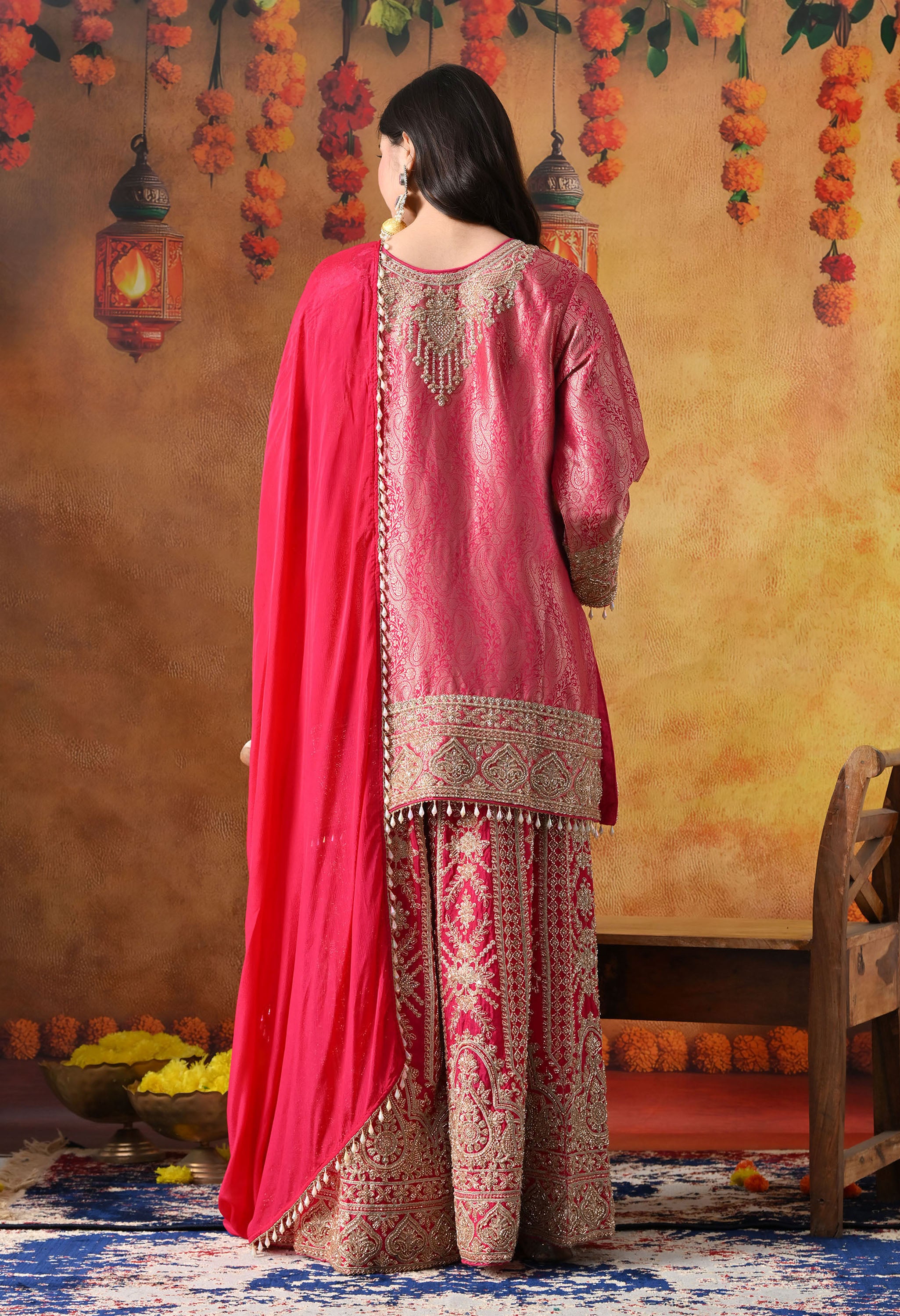 Hot Pink Banarasi Silk Sharara Set