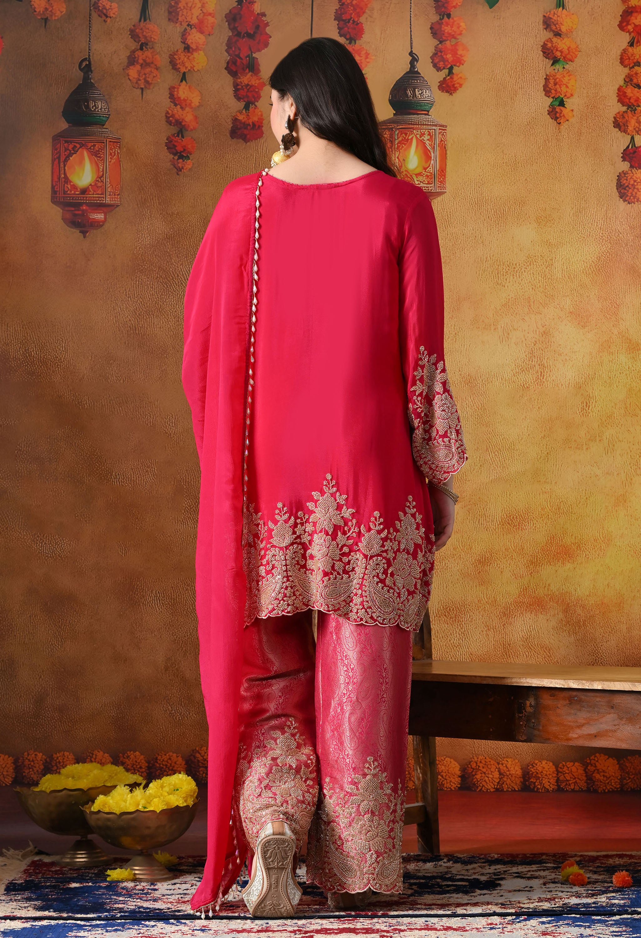 Hot Pink Chinon Kurta Set