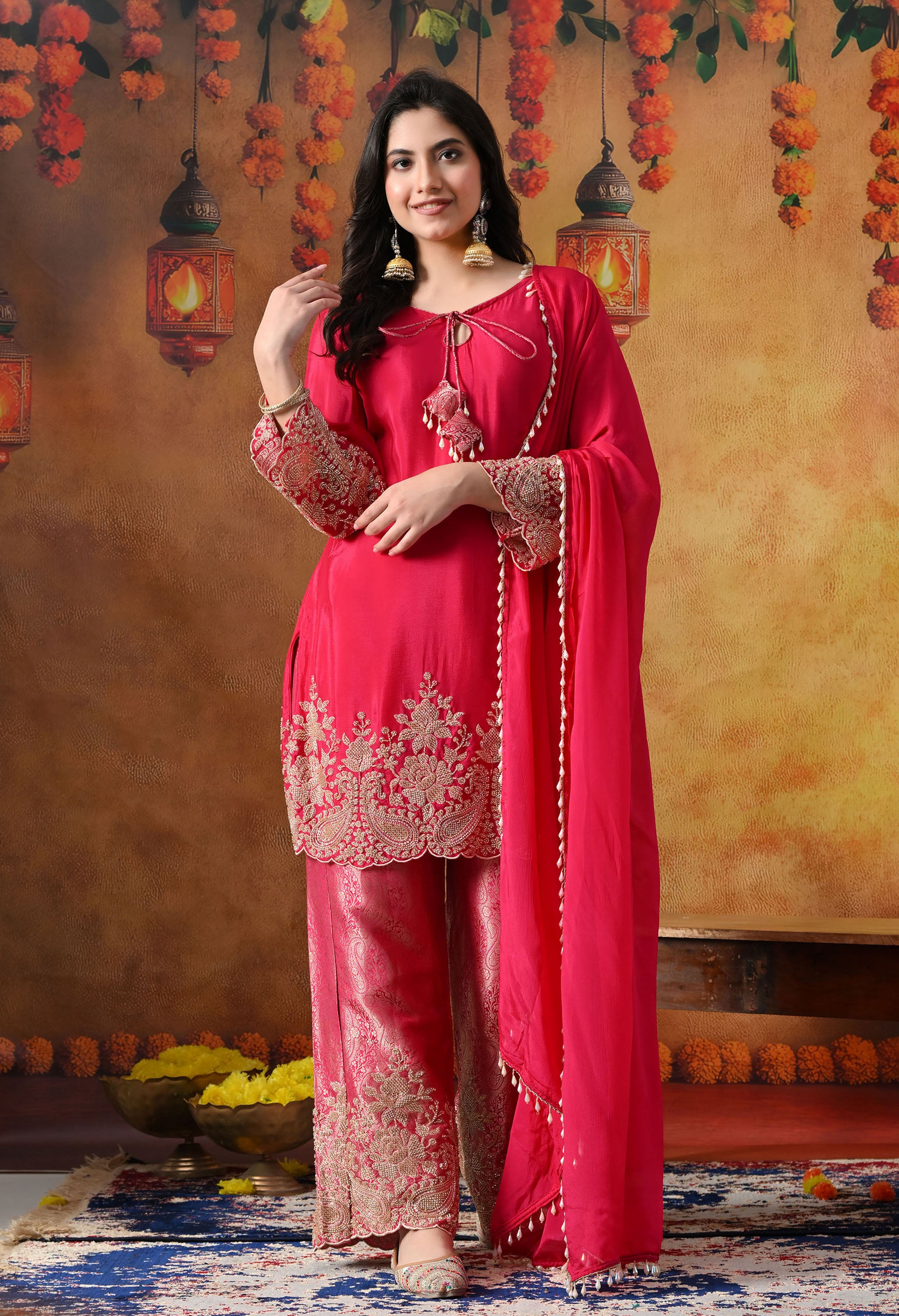 Hot Pink Chinon Kurta Set