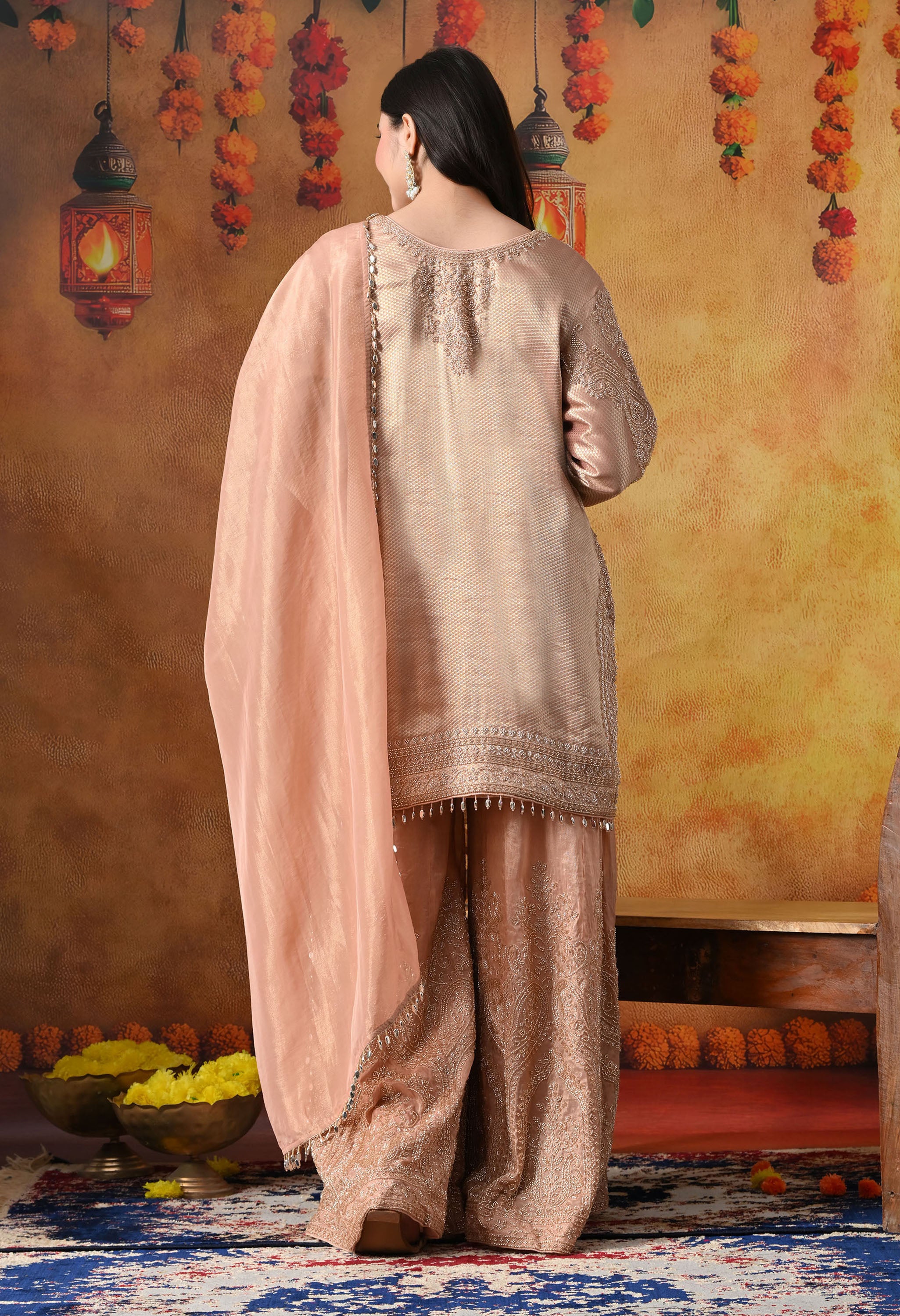 Peach Banarasi Silk Sharara Set