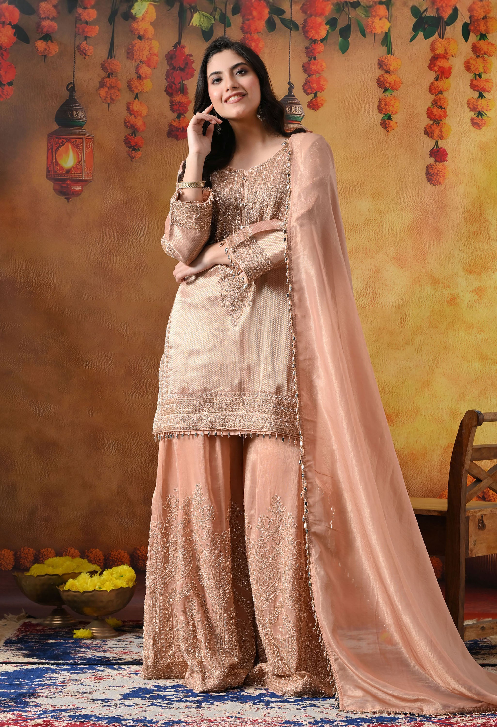 Peach Banarasi Silk Sharara Set