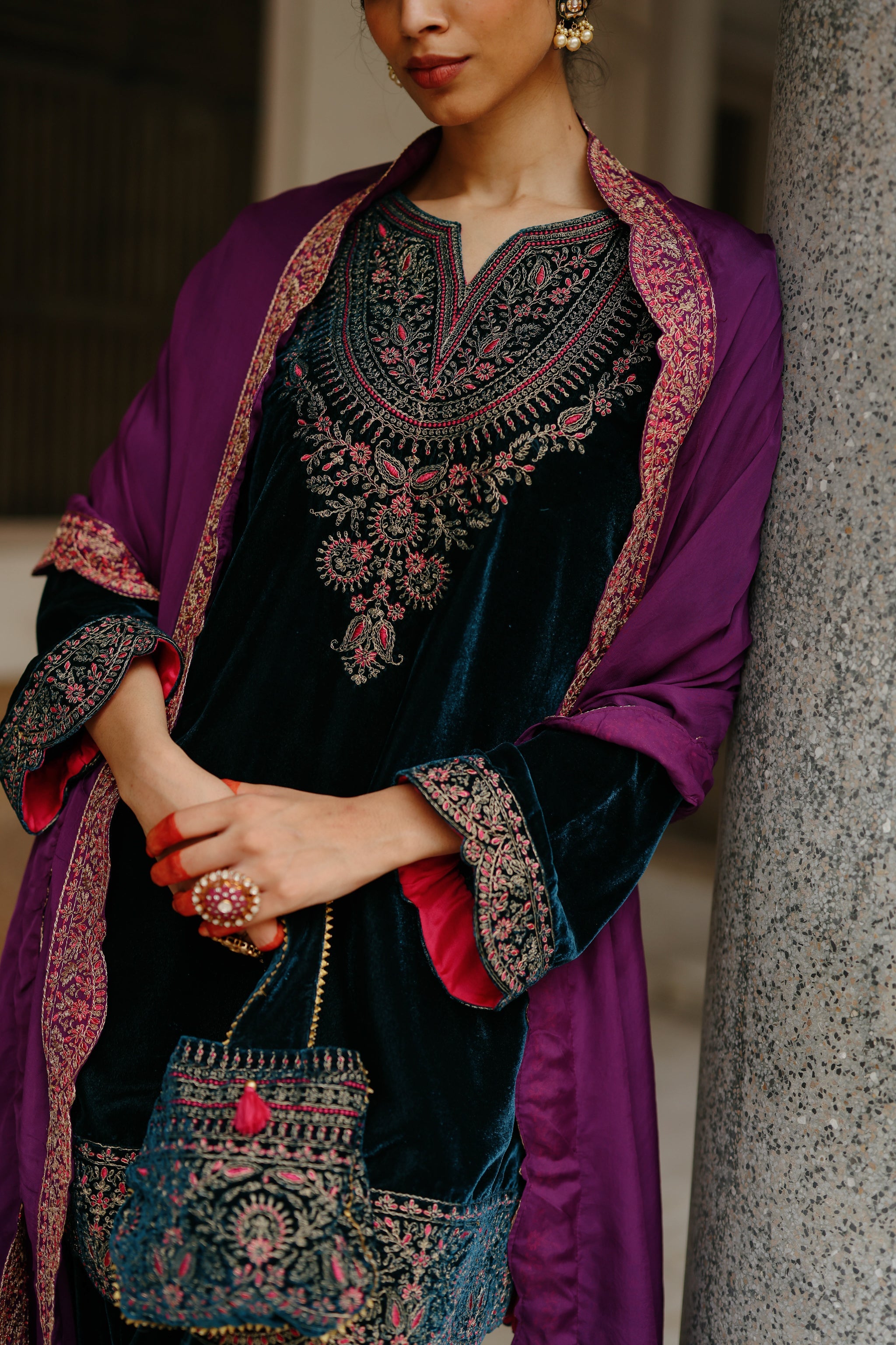 Blue Velvet Embroidered kurta Set with Wine Dupatta