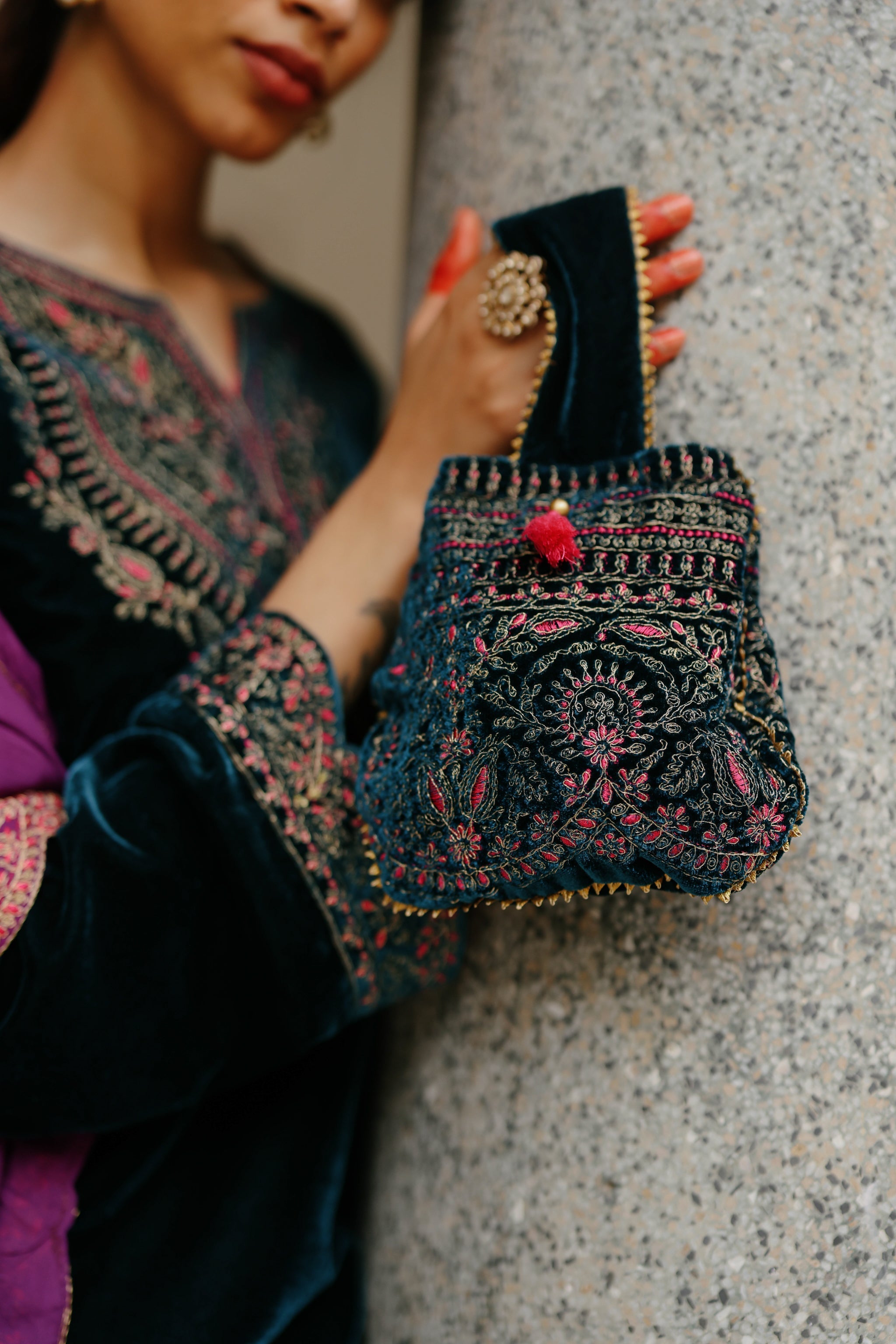 Blue Velvet Embroidered kurta Set with Wine Dupatta