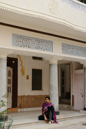 Blue Velvet Embroidered kurta Set with Wine Dupatta