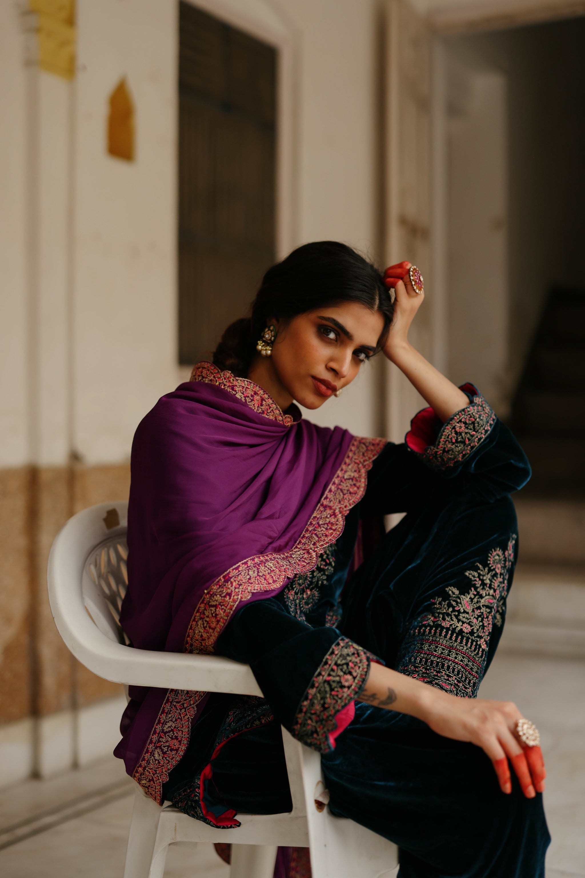 Blue Velvet Embroidered kurta Set with Wine Dupatta