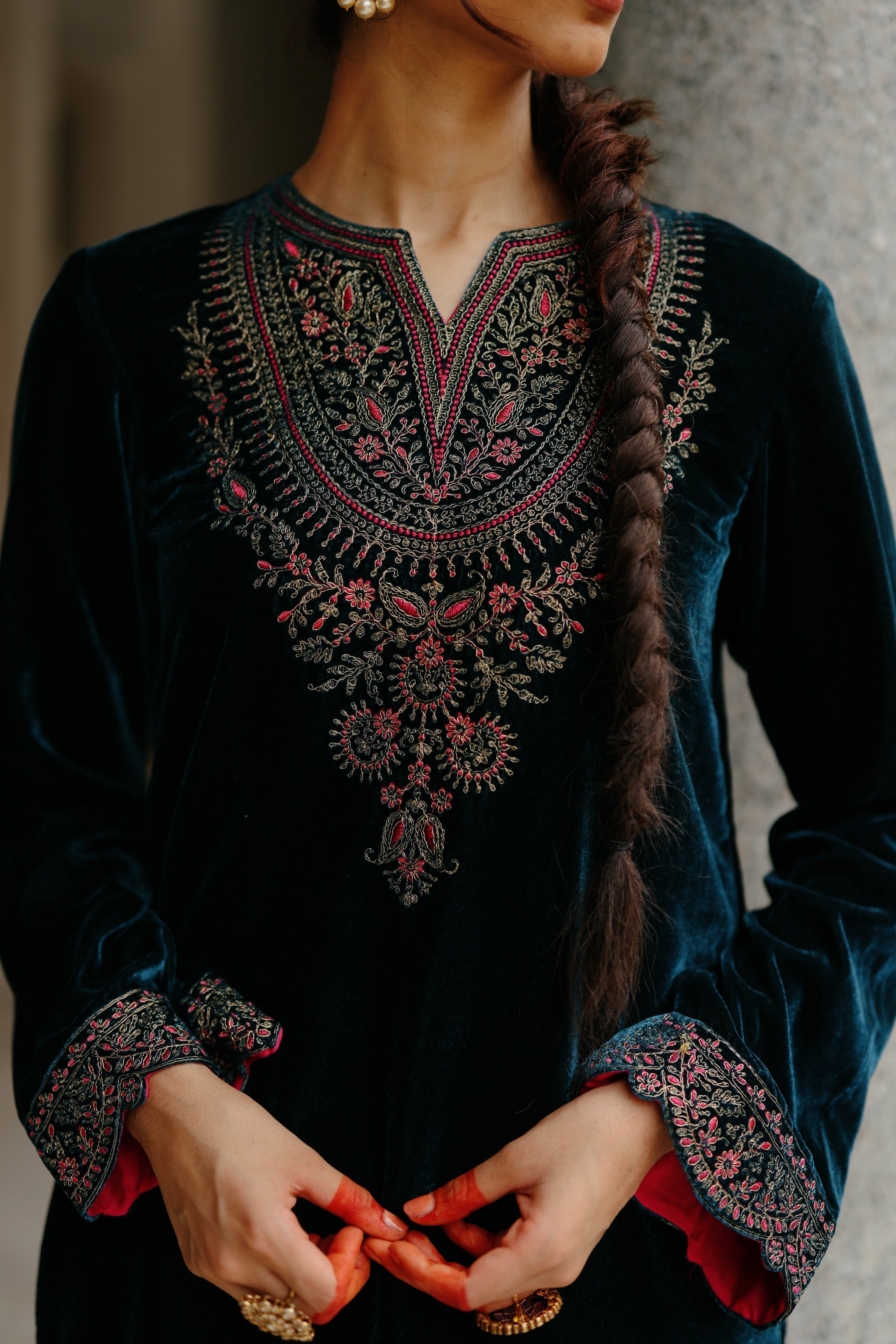 Blue Velvet Embroidered kurta Set with Wine Dupatta