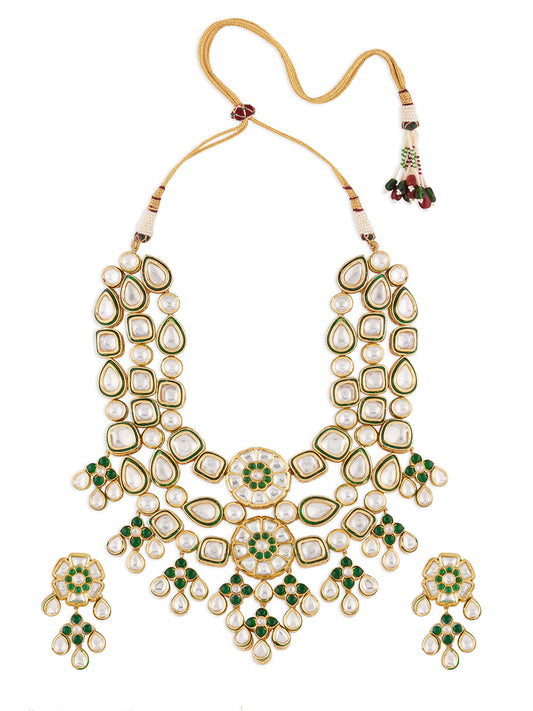 Kundan Polki Bridal Necklace set In Gold And Green Tone