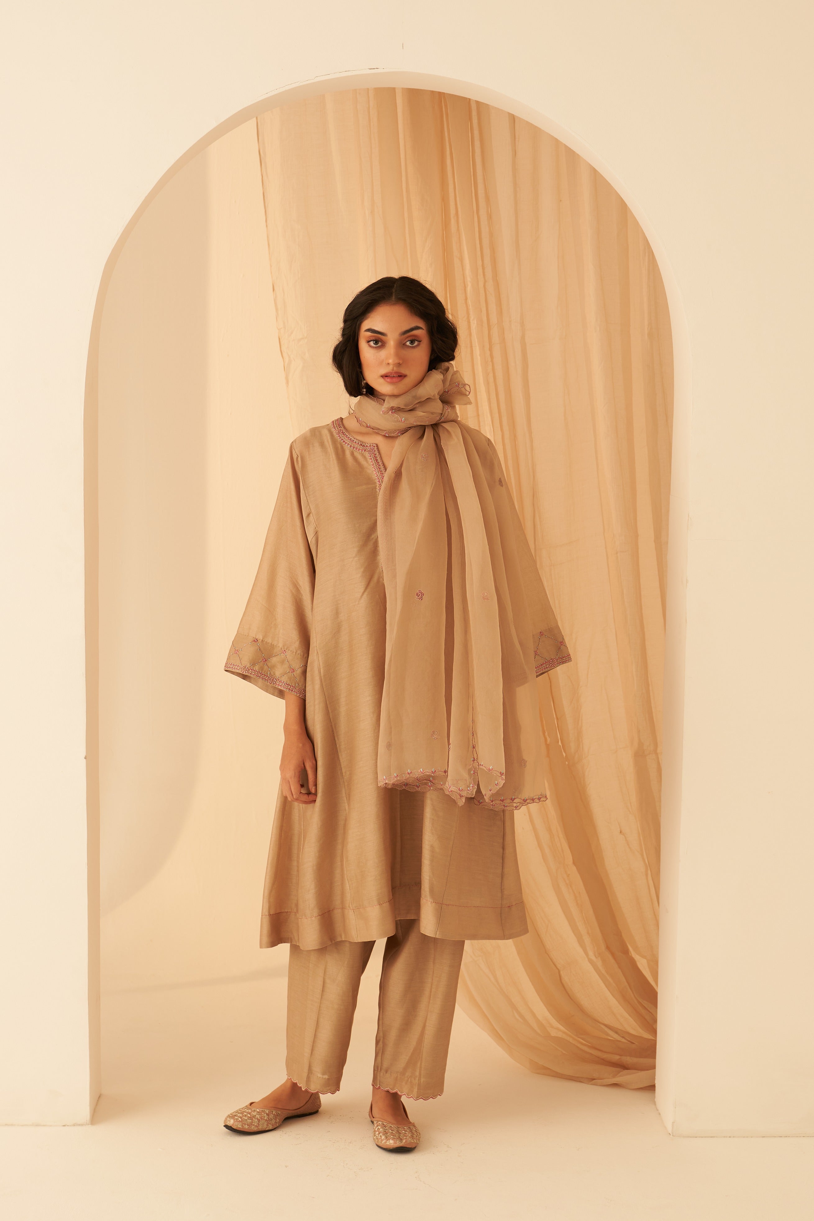 Champagne Chanderi Resham Jaal Embroidered Kurta Set