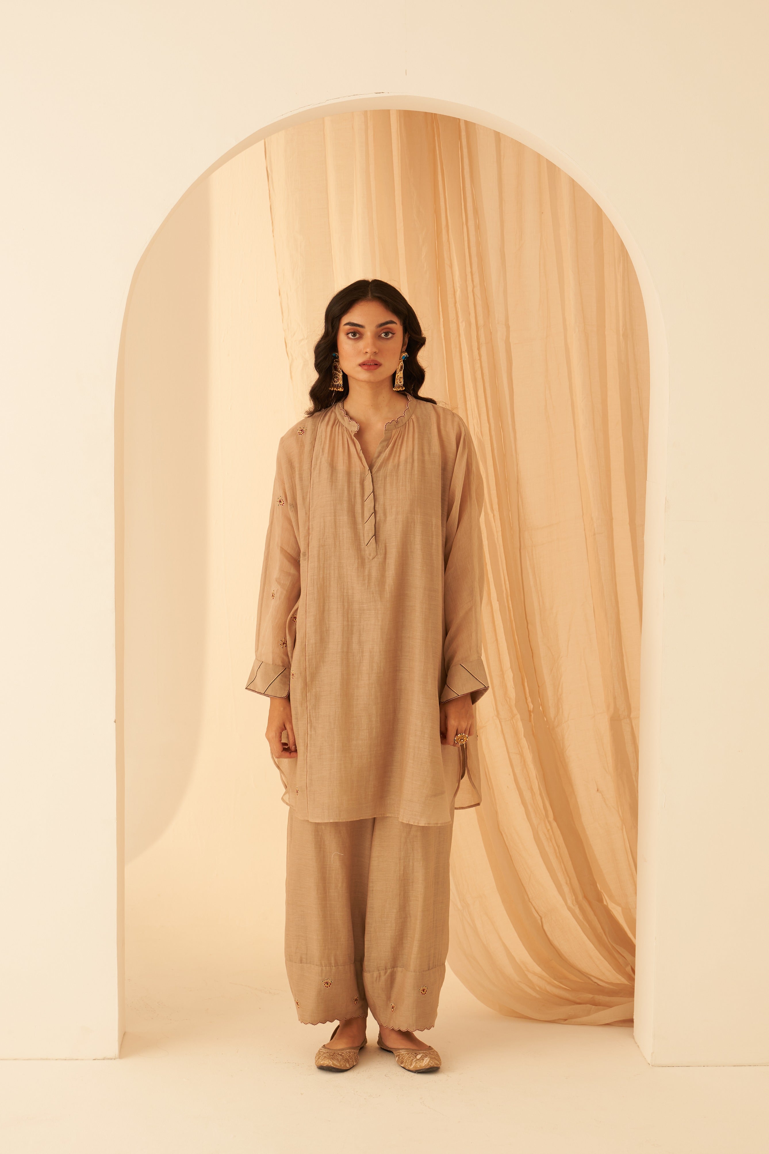 Champagne Chanderi Floral Buti Tunic Set
