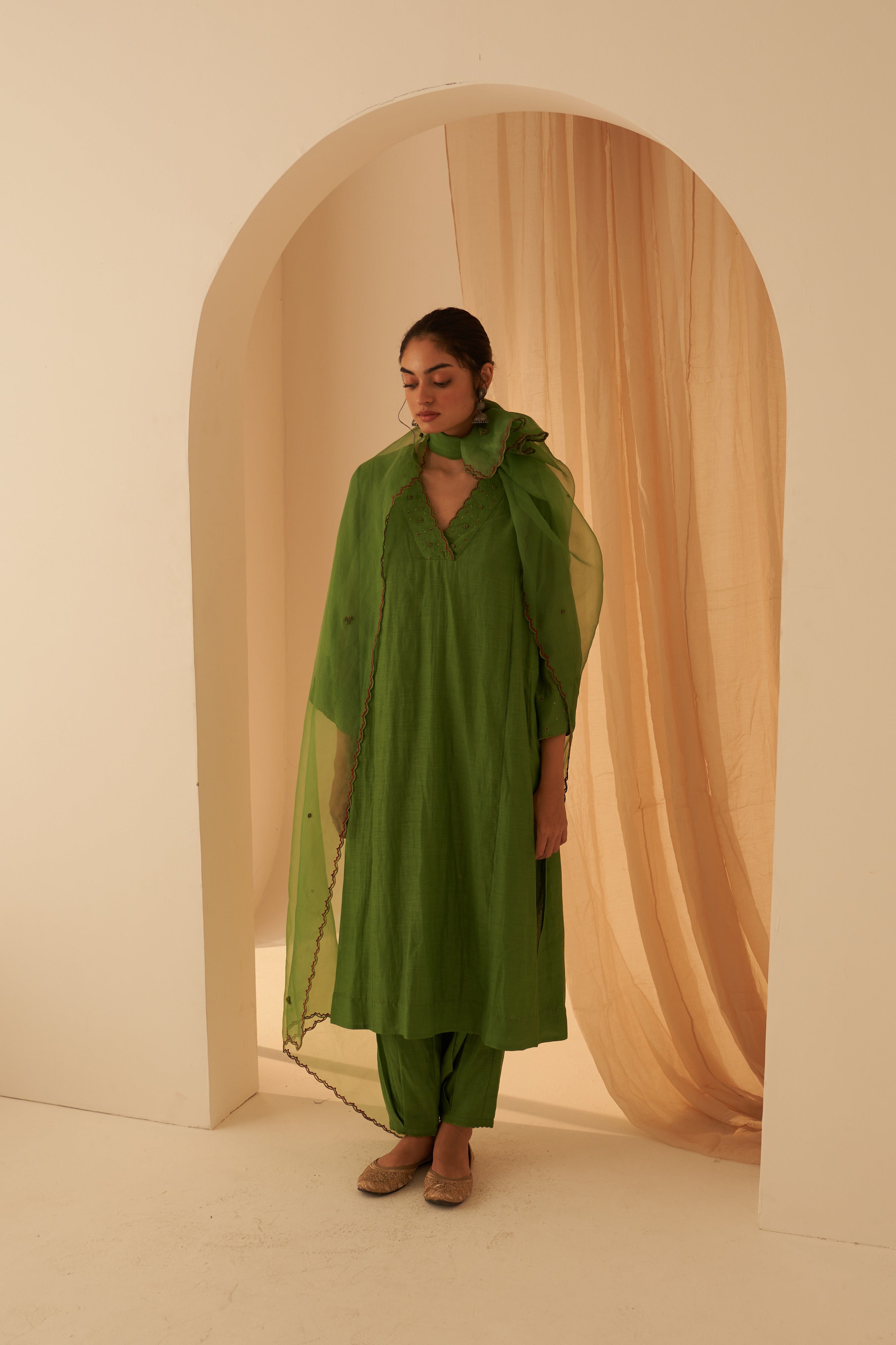 Green Chanderi Bullion Work Kurta Set
