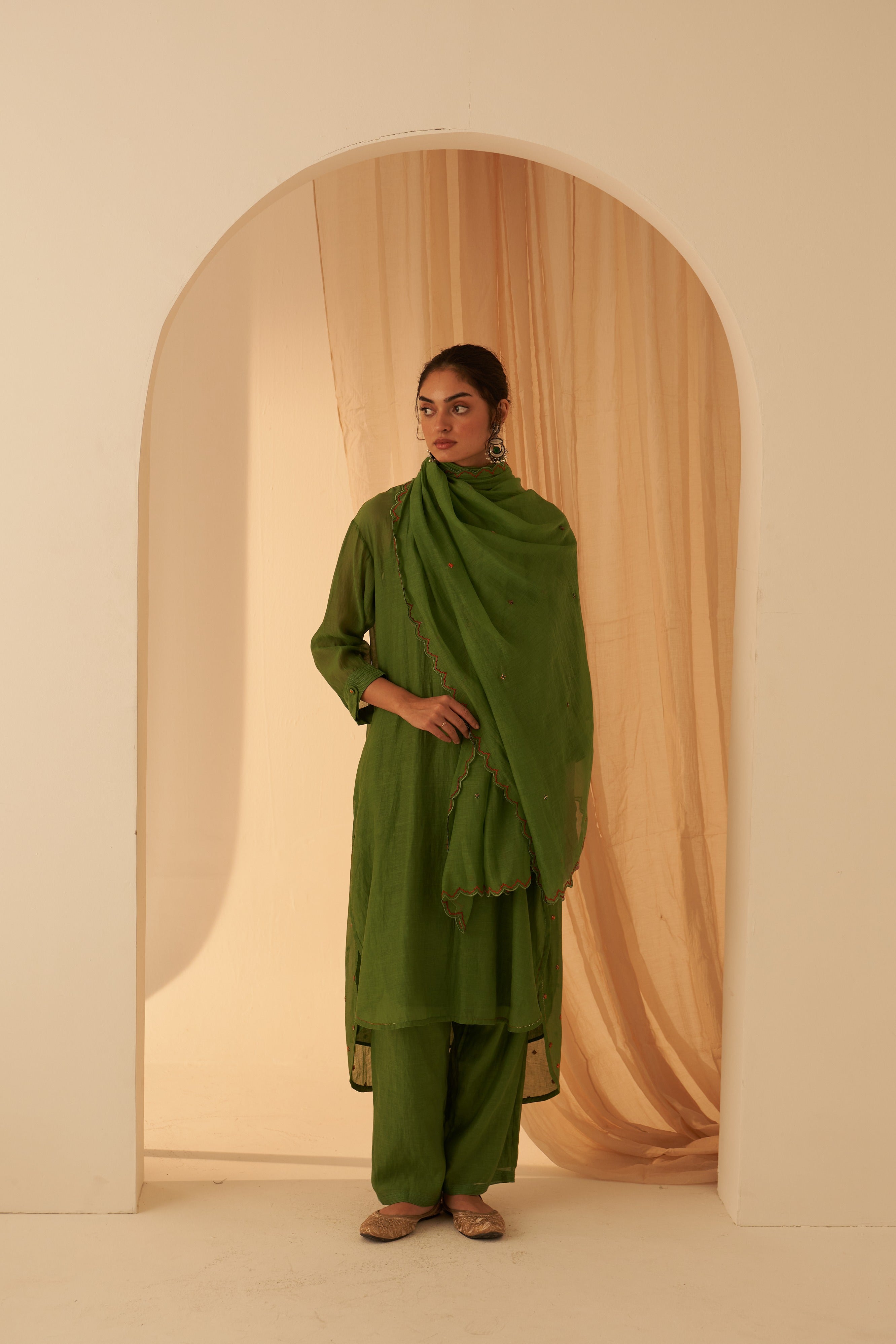 Green Chanderi Cross Taanka Kurta Set