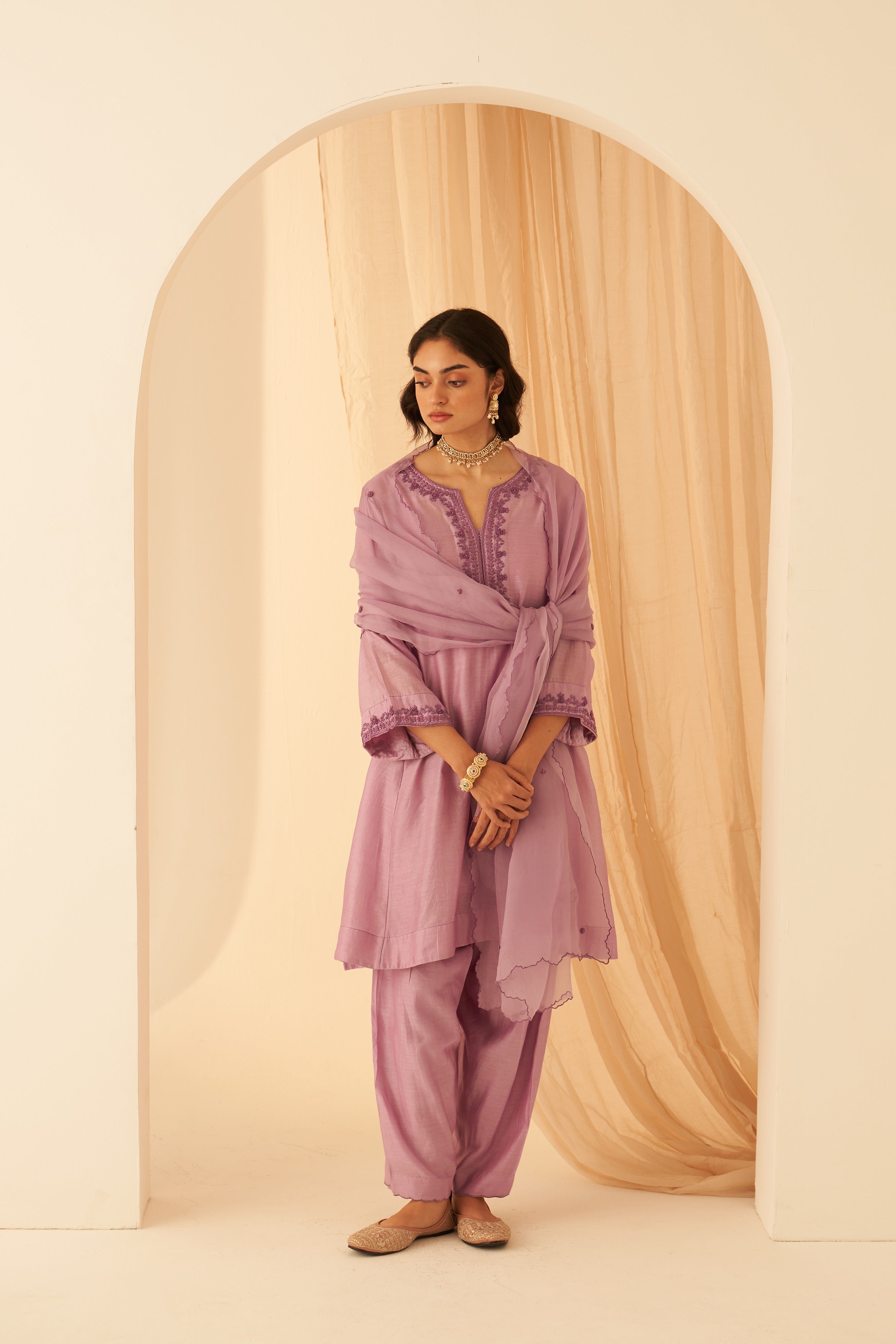 Lilac Chanderi Bullion Work Kurta Set