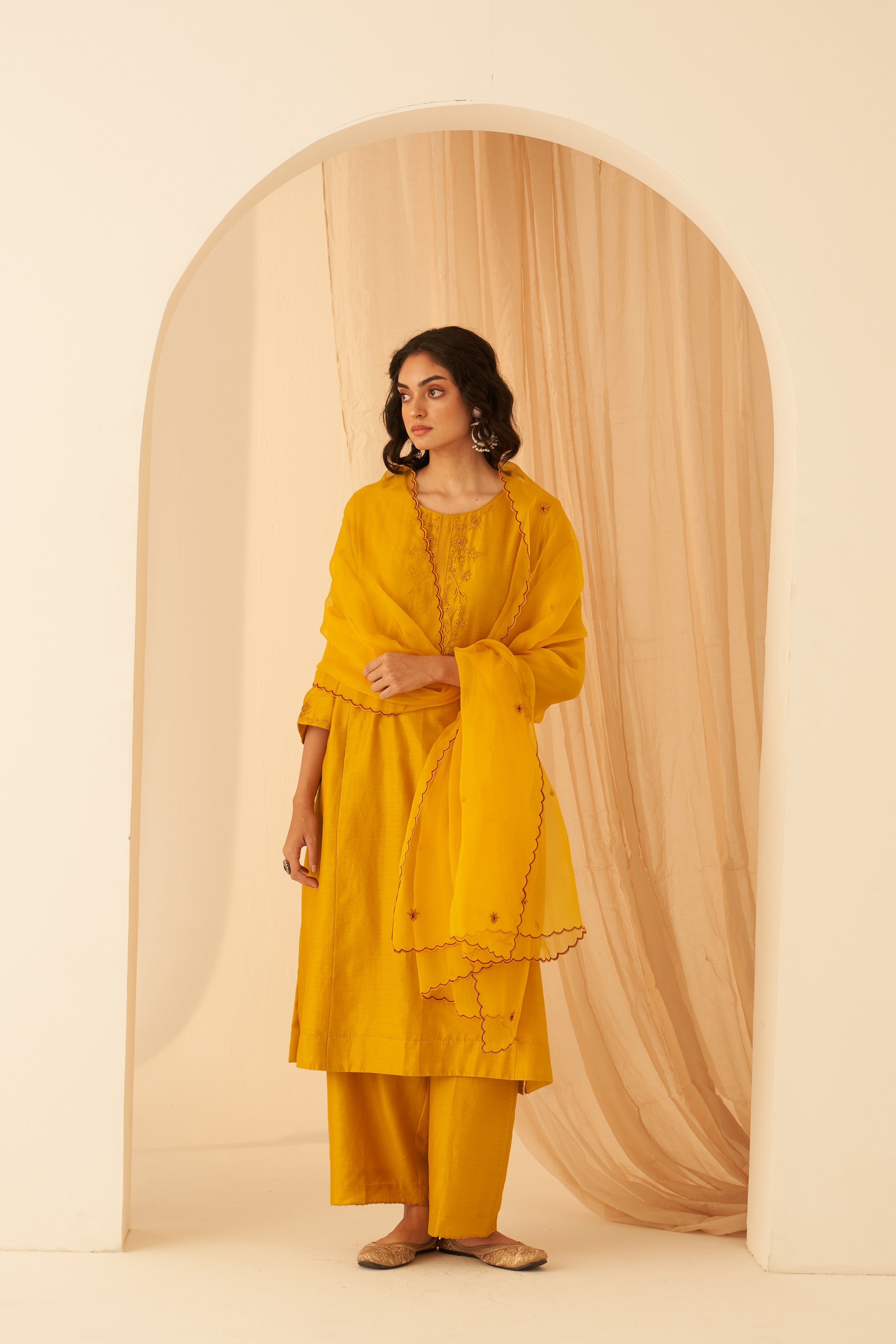 Mustard Chanderi Floral Katha Kurta Set