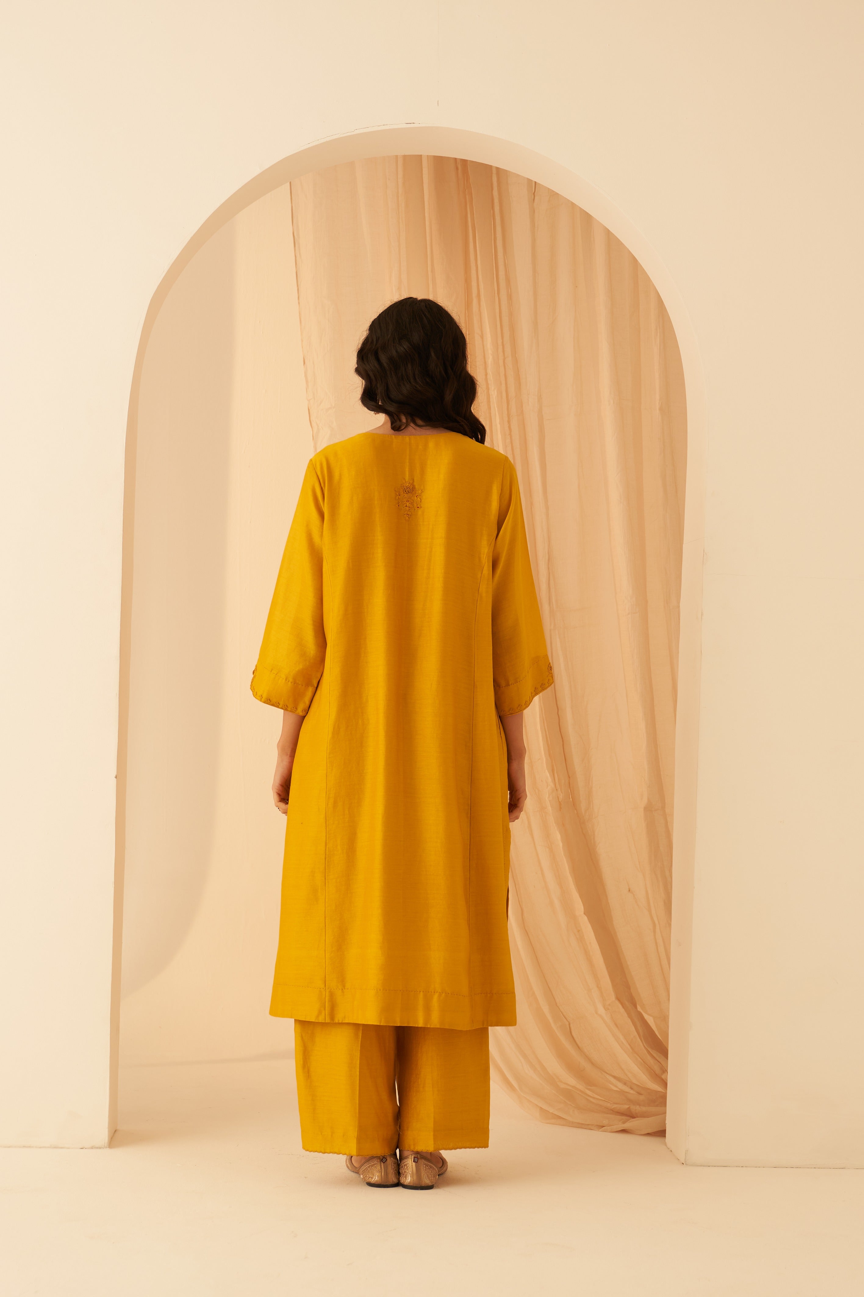 Mustard Chanderi Floral Katha Kurta Set
