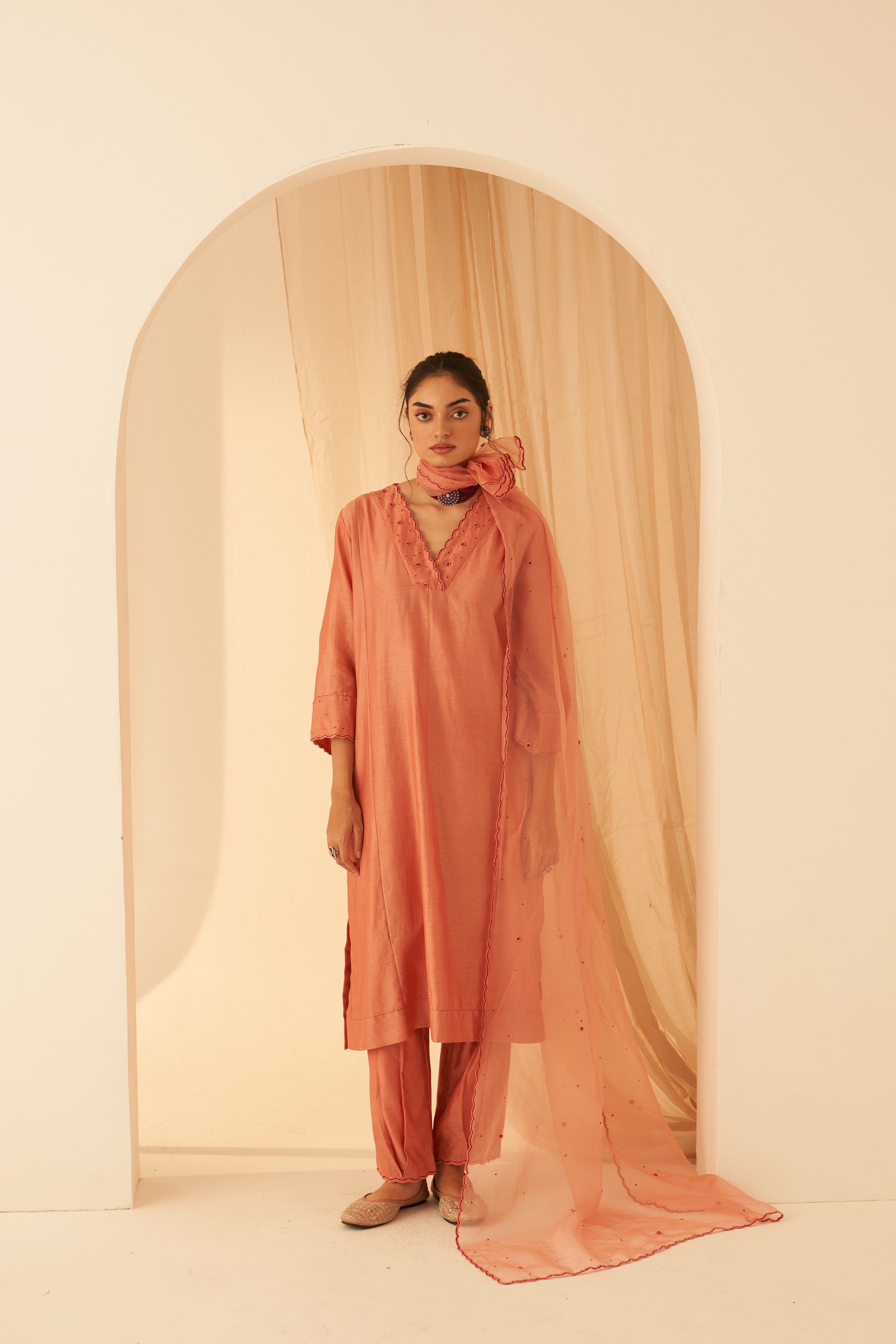 Peach Chanderi Floral Embroidered Kurta Set