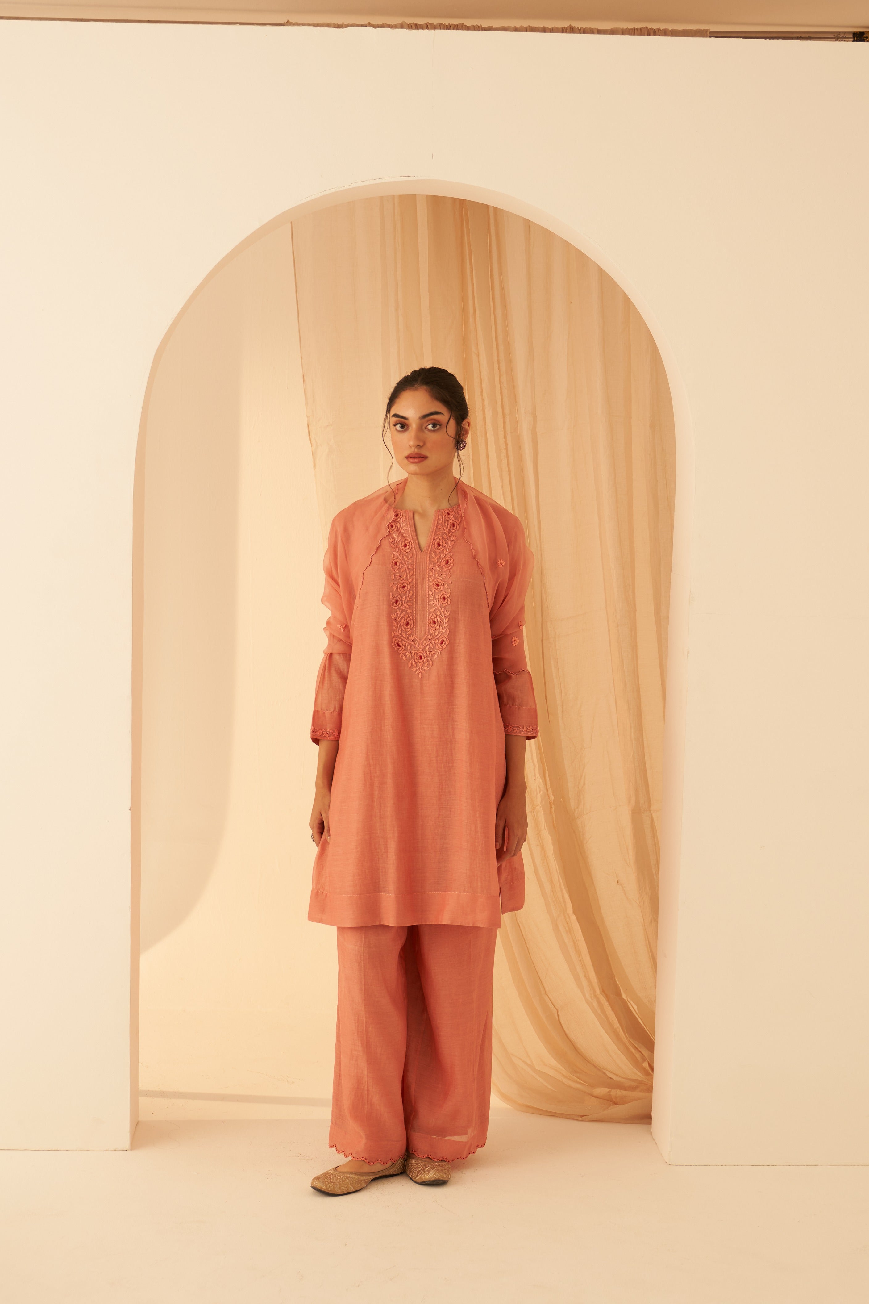 Peach Chanderi Katha Work Kurta Set