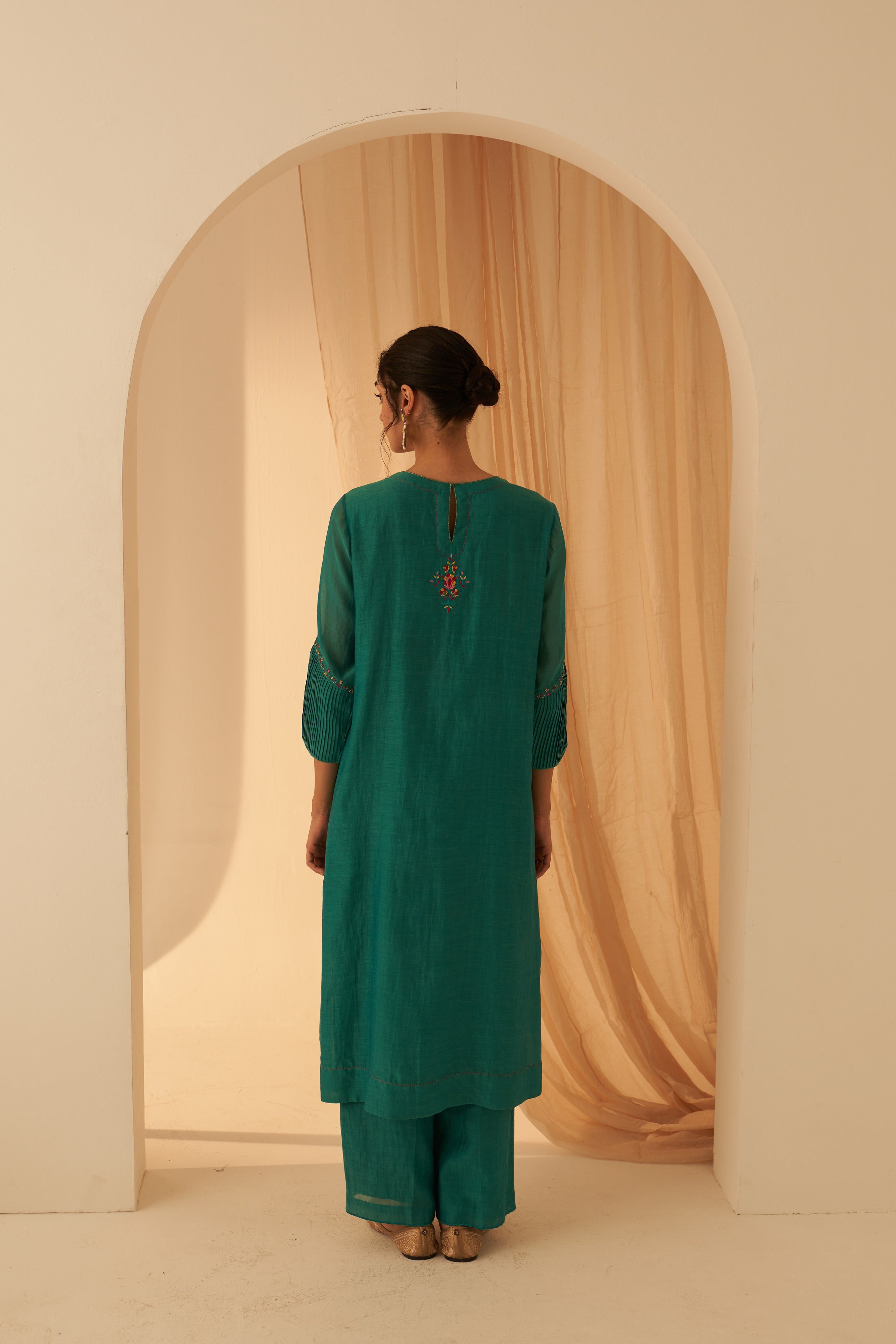 Turquoise Chanderi Pleated Kurta Set