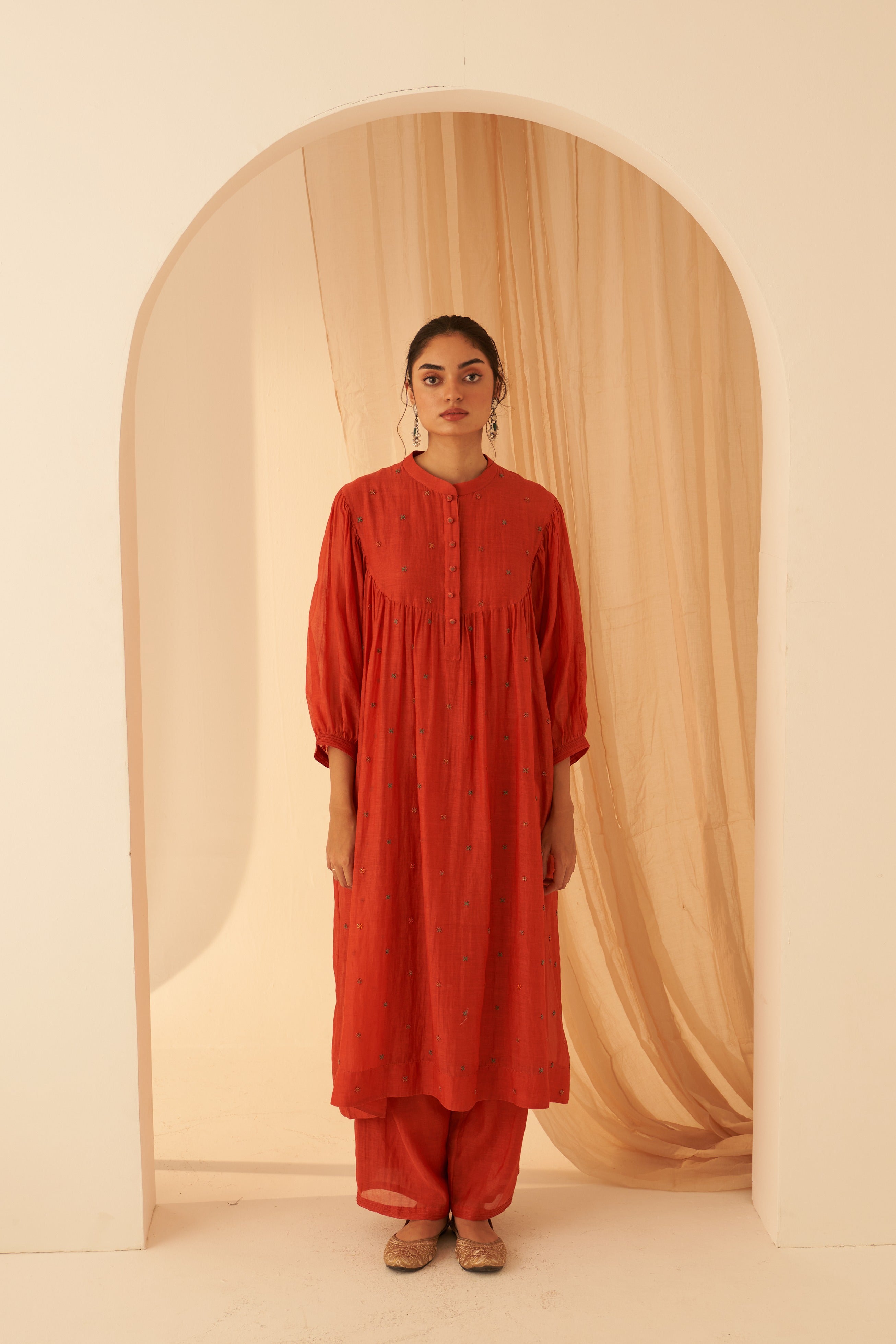 Rust Chanderi Cross Stitch Kurta Set