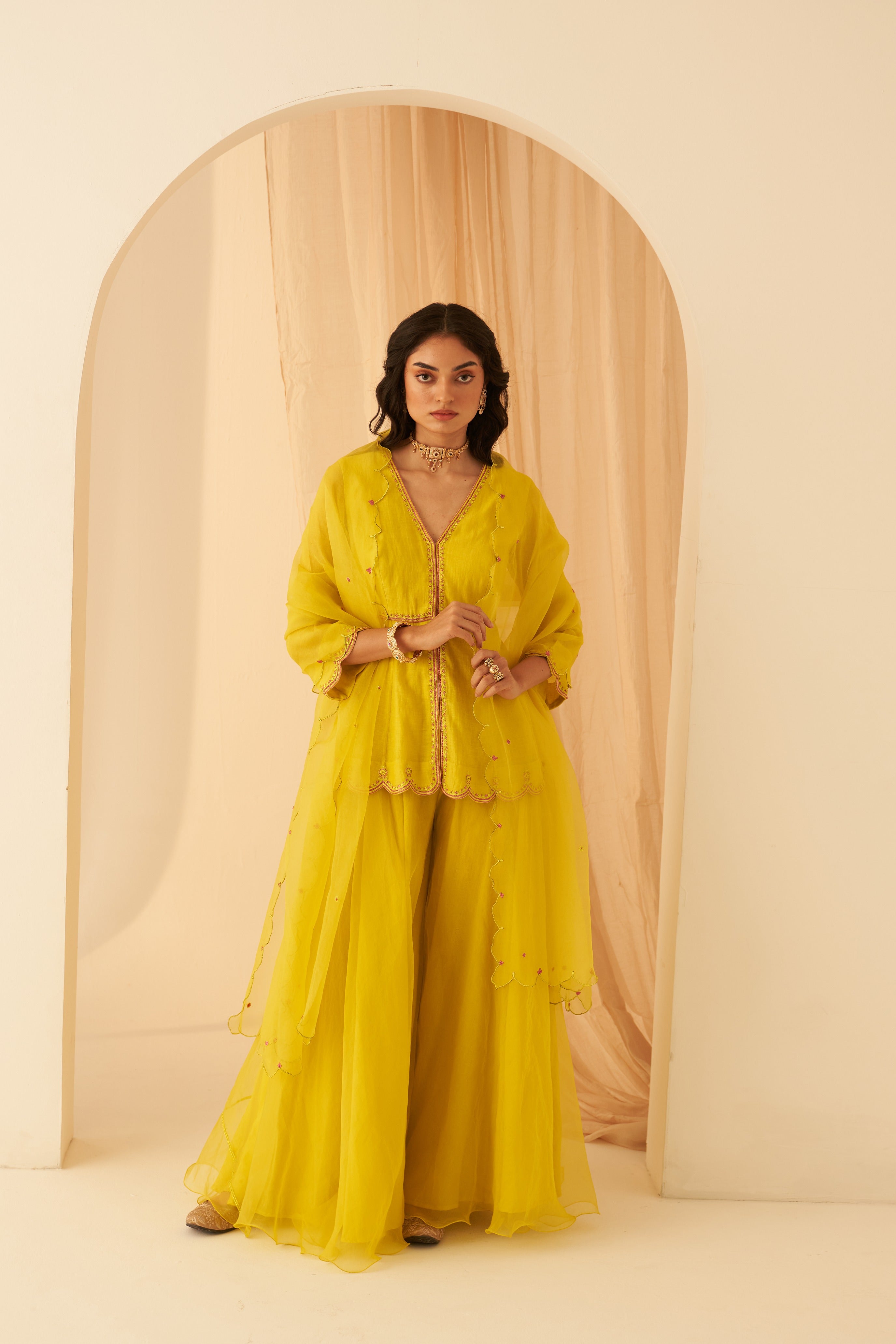 Lime Yellow Chanderi Peplum Sharara Set