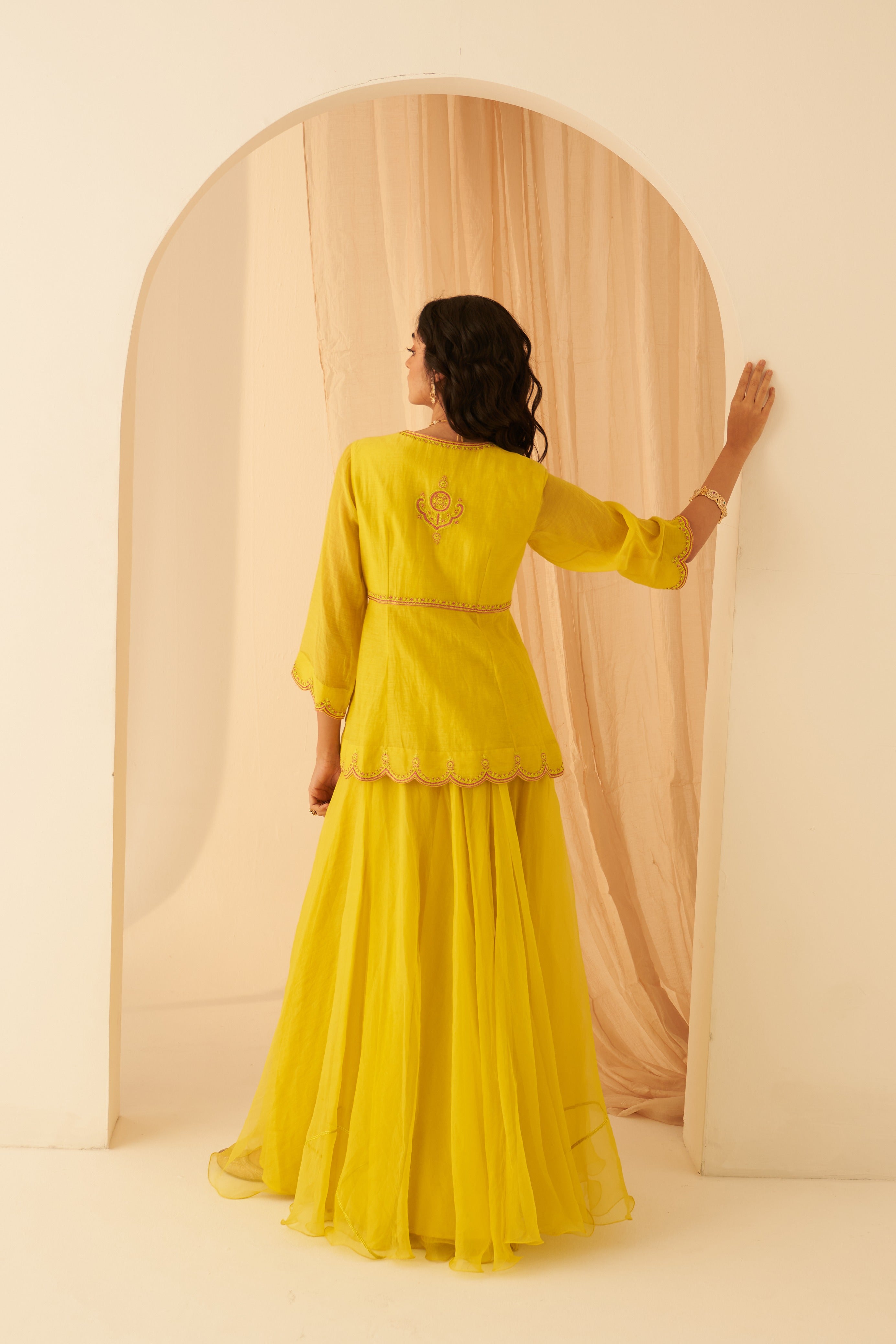 Lime Yellow Chanderi Peplum Sharara Set