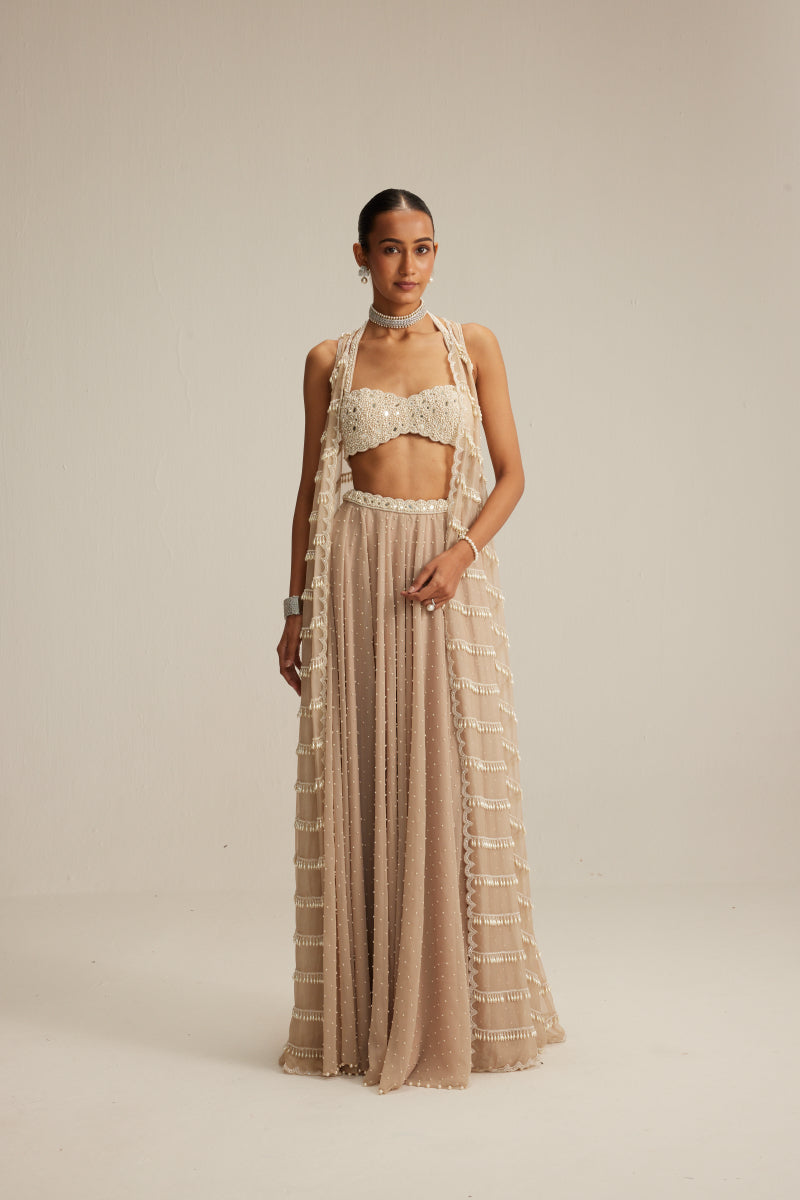 Light Beige Pearl Drop Jacket Set.