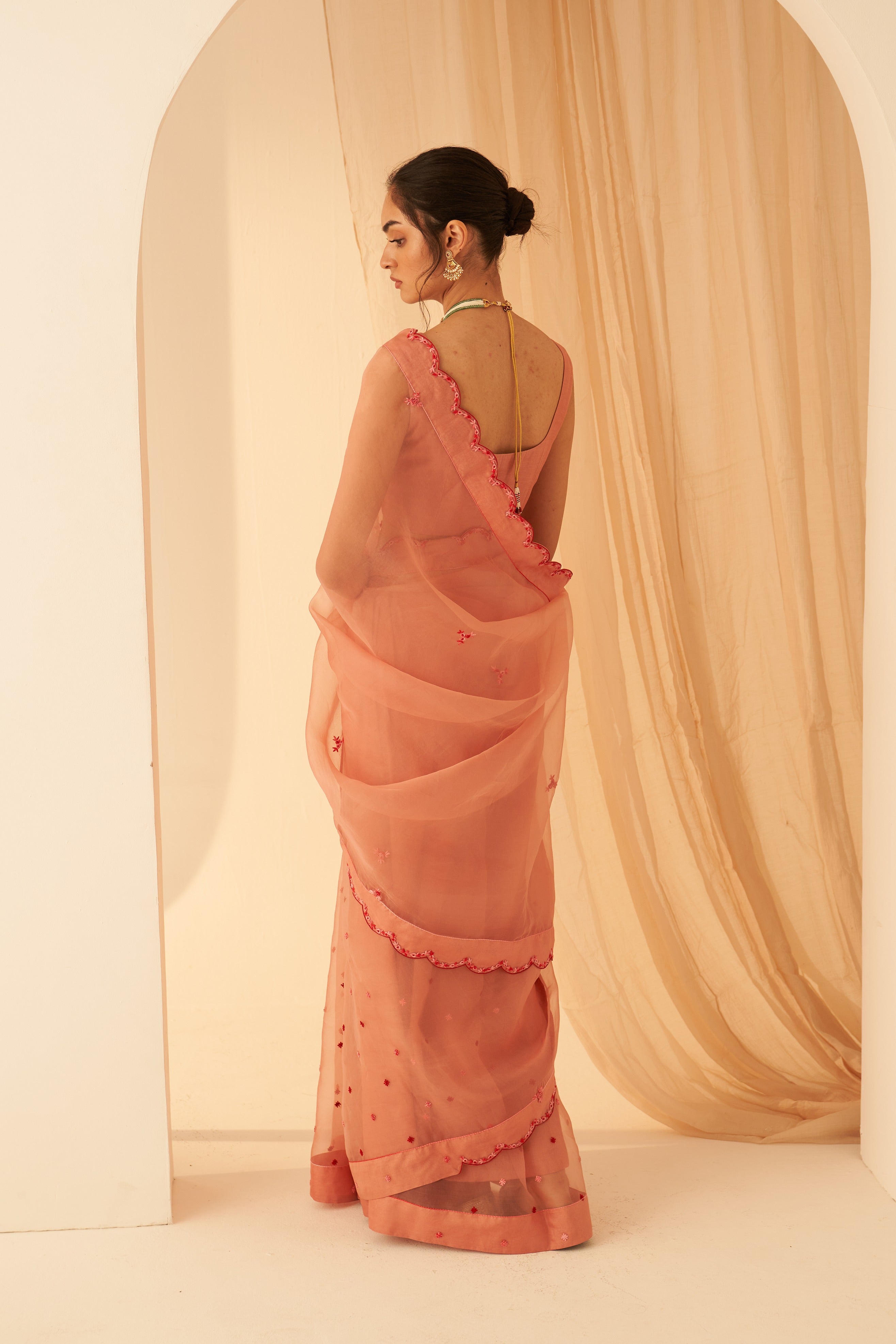 Peach Organza Embroidered Saree