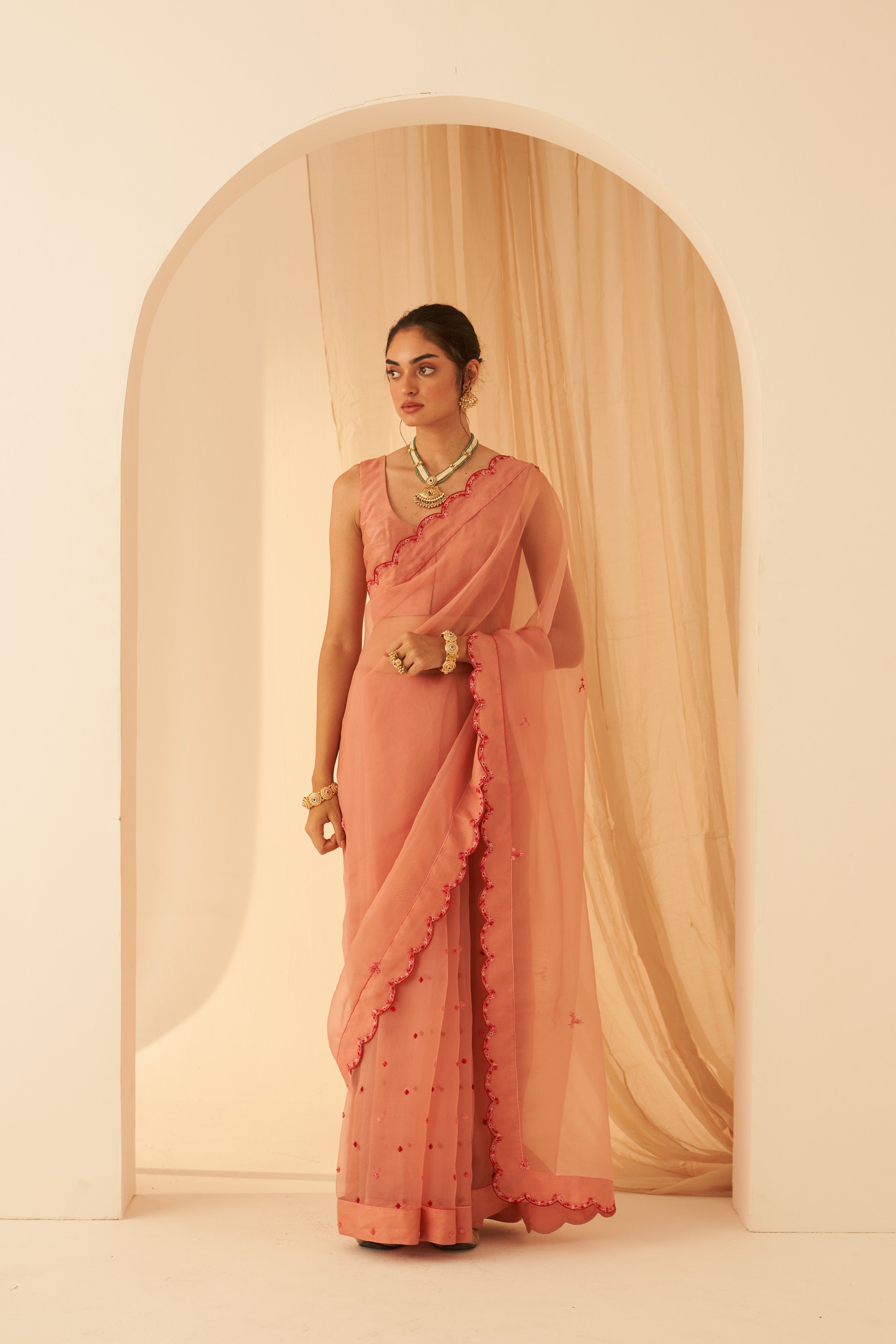 Peach Organza Embroidered Saree