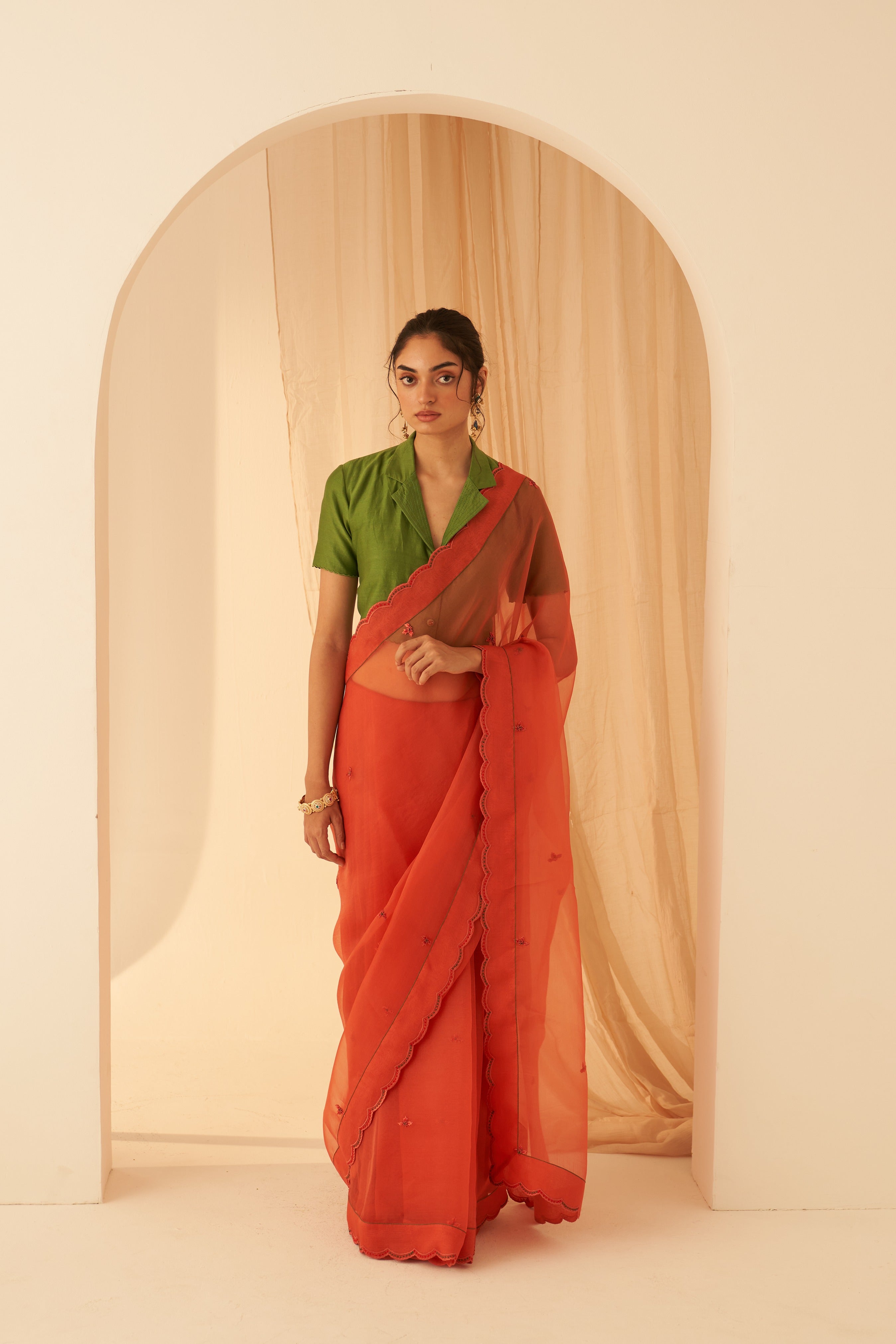Rust Organza Buti Embroidered Saree