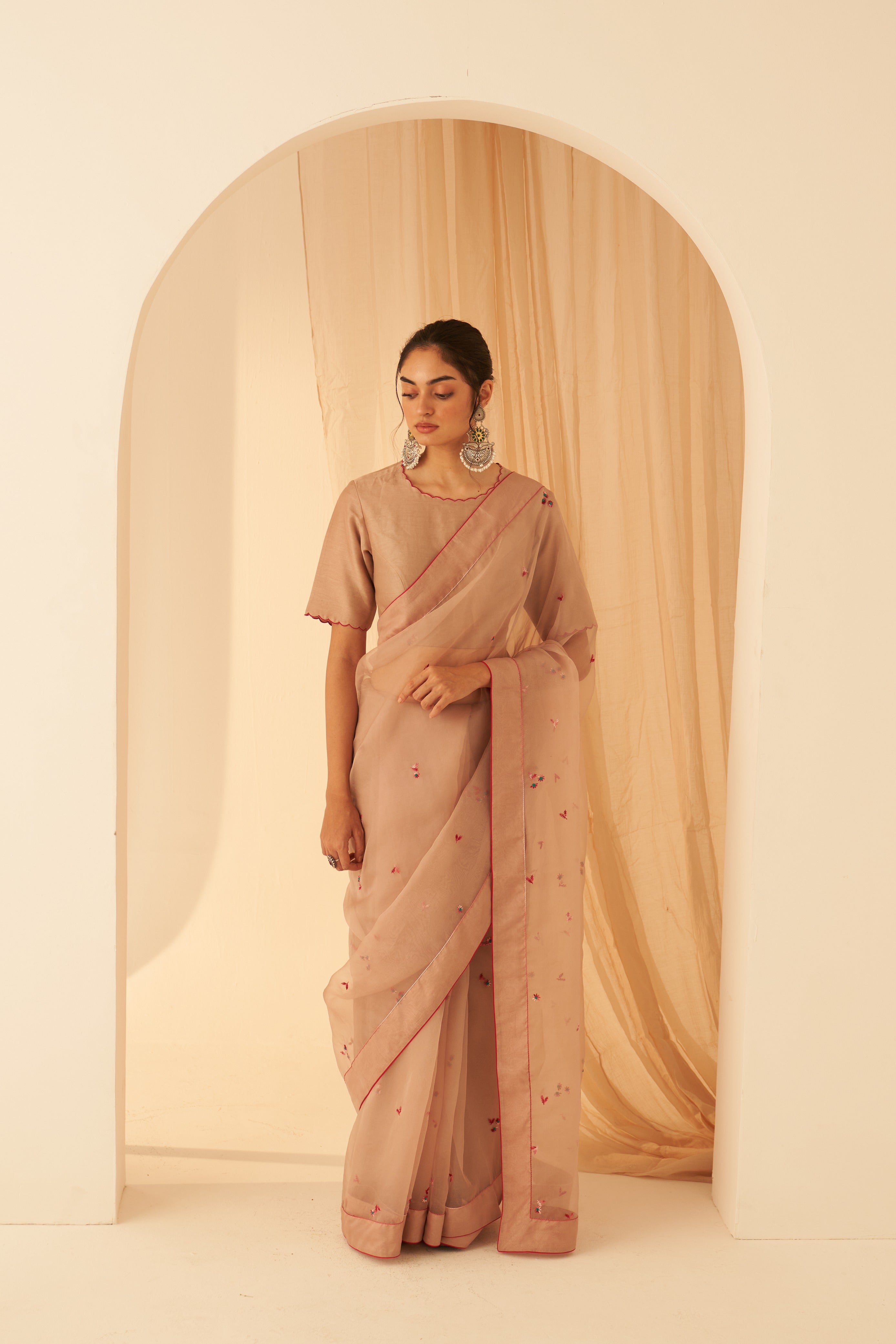 Rose Gold Organza Embroidered Saree