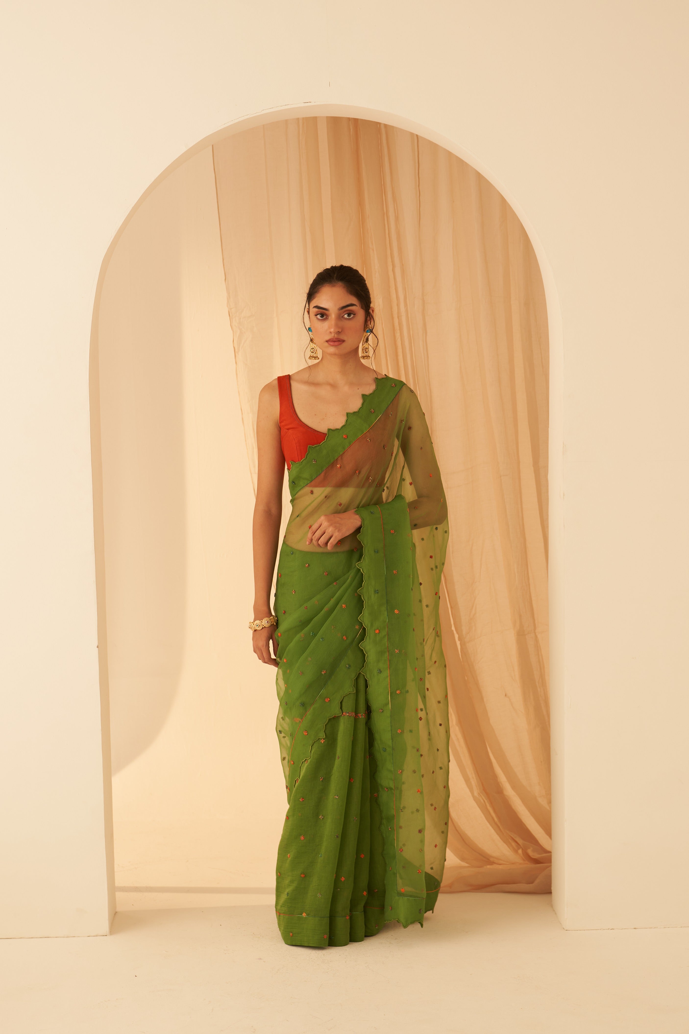 Green Chanderi Organza Embroidered Saree